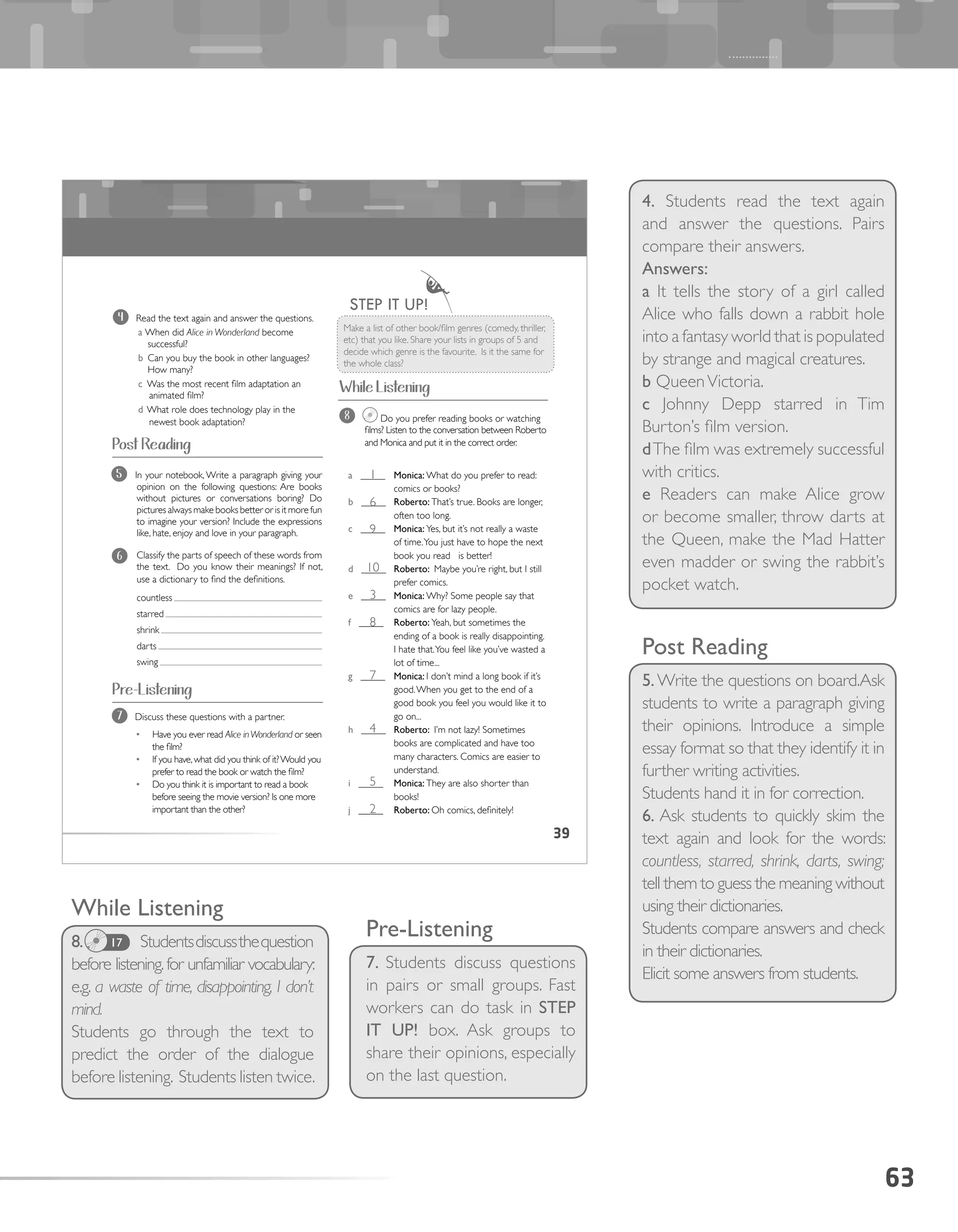 63
4. Students read the text again
and answer the questions. Pairs
compare their answers.
Answers:
a It tells the story of a girl called
Alice who falls down a rabbit hole
into a fantasy world that is populated
by strange and magical creatures.
b QueenVictoria.
c Johnny Depp starred in Tim
Burton’s film version.
dThe film was extremely successful
with critics.
e Readers can make Alice grow
or become smaller, throw darts at
the Queen, make the Mad Hatter
even madder or swing the rabbit’s
pocket watch.
Post Reading
5.Write the questions on board.Ask
students to write a paragraph giving
their opinions. Introduce a simple
essay format so that they identify it in
further writing activities.
Students hand it in for correction.
6. Ask students to quickly skim the
text again and look for the words:
countless, starred, shrink, darts, swing;
tell them to guess the meaning without
using their dictionaries.
Students compare answers and check
in their dictionaries.
Elicit some answers from students.
Pre-Listening
7. Students discuss questions
in pairs or small groups. Fast
workers can do task in STEP
IT UP! box. Ask groups to
share their opinions, especially
on the last question.
While Listening
8. 17 Studentsdiscussthequestion
before listening.for unfamiliar vocabulary:
e.g. a waste of time, disappointing, I don’t
mind.
Students go through the text to
predict the order of the dialogue
before listening. Students listen twice.
39
Pre-Listening
While Listening
5 In your notebook, Write a paragraph giving your
opinion on the following questions: Are books
without pictures or conversations boring? Do
pictures always make books better or is it more fun
to imagine your version? Include the expressions
like, hate, enjoy and love in your paragraph.
Classify the parts of speech of these words from
the text. Do you know their meanings? If not,
use a dictionary to find the definitions.
countless
starred
shrink
darts
swing
7 Discuss these questions with a partner.
•	 Have you ever read Alice inWonderland or seen
the film?
•	 If you have,what did you think of it?Would you
prefer to read the book or watch the film?
•	 Do you think it is important to read a book
before seeing the movie version? Is one more
important than the other?
a			_____ 	 Monica:	What do you prefer to read:
comics or books?
b			_____ Roberto:	That’s true. Books are longer,
often too long.
c			_____ Monica:	Yes, but it’s not really a waste
of time.You just have to hope the next
book you read is better!
d			_____ Roberto:	 Maybe you’re right, but I still
prefer comics.
e			_____ Monica:	Why? Some people say that
comics are for lazy people.
f			_____ Roberto:	Yeah, but sometimes the
ending of a book is really disappointing.
I hate that.You feel like you’ve wasted a
lot of time...
g			_____ Monica:	I don’t mind a long book if it’s
good.When you get to the end of a
good book you feel you would like it to
go on...
h			_____ Roberto:	 I’m not lazy! Sometimes
books are complicated and have too
many characters. Comics are easier to
understand.
i			_____ Monica:	They are also shorter than
books!
j			_____ Roberto:	Oh comics, definitely!
Make a list of other book/film genres (comedy, thriller,
etc) that you like. Share your lists in groups of 5 and
decide which genre is the favourite. Is it the same for
the whole class?
sSTEP IT UP!
8 Do you prefer reading books or watching
films? Listen to the conversation between Roberto
and Monica and put it in the correct order.
4 Read the text again and answer the questions.
a When did Alice in Wonderland become
successful?
b Can you buy the book in other languages?
How many?
c Was the most recent film adaptation an
animated film?
d What role does technology play in the
newest book adaptation?
ry. 9.
6
Post Reading
1
6
9
10
3
8
7
4
5
2
 