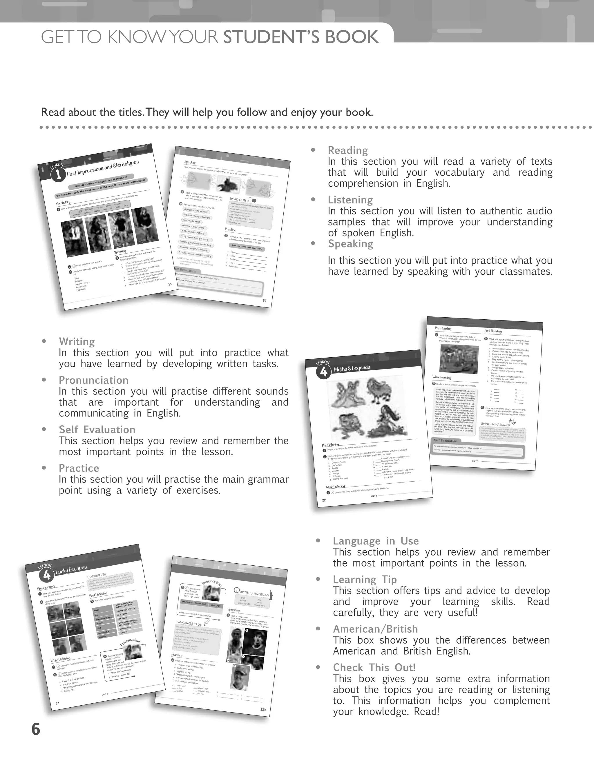 Getto knowyour STUDENT’S book
6
Read about the titles.They will help you follow and enjoy your book.
Get to know your book!
•	 Reading
In this section you will read a variety of texts
that will build your vocabulary and reading
comprehension in English.
•	 Listening
In this section you will listen to authentic audio
samples that will improve your understanding
of spoken English.
•	 Speaking
In this section you will put into practice what you
have learned by speaking with your classmates.
•	 Writing
In this section you will put into practice what
you have learned by developing written tasks.
•	 Pronunciation
In this section you will practise different sounds
that are important for understanding and
communicating in English.
•	 Self Evaluation
This section helps you review and remember the
most important points in the lesson.
•	 Practice
In this section you will practise the main grammar
point using a variety of exercises.
•	 Language in Use
This section helps you review and remember
the most important points in the lesson.
•	 Learning Tip
This section offers tips and advice to develop
and improve your learning skills. Read
carefully, they are very useful!
•	 American/British
This box shows you the differences between
American and British English.
•	 Check This Out!
This box gives you some extra information
about the topics you are reading or listening
to. This information helps you complement
your knowledge. Read!
37
Speaking
Practice
9 Look at the pictures.What activities do you
see? In pairs, talk about the activities you like
and don’t like doing.
10 Talk about other activities in your life.A project you started doing
The music you enjoy dancing to
Food you like eating
A book you loved reading
A film you hated watching
A play you are thinking of seeing
Something you haven’t finished doing
An activity you spend time doing
A country you are interested in visiting
Have you ever been to the theatre or ballet? What art forms do you prefer?
e.g.,What music do you enjoy listening to?I love listening to Chilean rock and I reallyhate opera.
Use these expressions to talk about your likes and dislikes.
I love listening to music.I really hate watching romantic comedies.I don’t enjoy walking the dog.I can’t stand making my bed.What do you like doing on Sundays?I like playing video games very much.What about you?
SPEAK OUT!
11 Complete the sentences with your personal
information using the words in the box.
a I love
b I hate
c I enjoy
d I like
e I don’t like
listen | eat | think | play | read | work
Self EvaluationSome phrases I can use to express my preference about art areTo identify new vocabulary and its meaning, I
commons.wikimedia.org
1111
First Impressions and Stereotypes
LESSON
1
1 Look at the pictures and, in pairs, describe what they are wearing. Use the words to help you.
Francisco
Camila
Javier
Sol
2
Listen and check your answers.
Classify the clothes by adding three more to each
list.
Tops:
Bottoms:
Jewellery: ring, ...
Accessories:
Footwear:
3
Speaking
4 Interview your partner.Ask and answer the
following questions:
a What clothes do you usually wear?
b Do you like colourful clothes? What colours
do you prefer?
c Do you ever wear baggy or tight-fitting
jeans or trousers? When?
d What do you usually wear when you go out?
e Have you ever worn second-hand clothes
or clothes made with natural fibres?
f What type of clothes do your friends wear?
Vocabulary
ring
headband hoodie
t-shirt trousers
necklace earrings
leggings
belt
tie boots shirt
‘Do teenagers look the same all over the world? Are there stereotypes?’
How do Chilean teenagers see themselves?
UNIT 3
64
Pre-Reading
While Reading
Post Reading
13 Who and what can you see in the picture?
Where is the situation taking place? What do youthink has just happened?
14
Bruno had a really lucky escape yesterday. I hadgone into the supermarket to buy some biscuitsand had left him tied to a lamppost outside.The next thing I knew, I could hear him barkingfuriously. He had seen a huge dog and escaped.
As soon as I realized what had happened, I leftthe biscuits in the shop and ran out to catchhim, but he had already gone. Then I saw himrunning towards the park and I went after him.All of a sudden, he ran straight across the mainroad! It was terrible! As he was running acrossthe road, a scooter appeared. When the ridersaw Bruno he turned violently to avoid hittingBruno, but unfortunately, he fell off the scooter.
Luckily, I grabbed Bruno in time and nobodygot hurt. The boy was very nice about thewhole thing. In fact, he invited me to get coffeenext week!
i ____
ii ____
iii ____
iv ____
v ____
vi ____
vii ____
viii ____
ix ____
x ____
Self Evaluation
To understand a sequence when listening, I should pay attention to
To write a short story, I should organize my ideas by
LIVING IN HARMONY
You will experience many changes when this year isover and many decisions will be made. Sometimes wecan make mistakes but that’s okay as long as we learnfrom them. Don’t forget to take a moment before youmake an important decision.
Read the text to check if you guessed correctly.
15 Work with a partner.Without reading the storyagain, put the main events in order. Only checkonce you have finished.
a Bruno escaped and ran after the other dog.b Carolina went into the supermarket.c Bruno saw another dog and started barking.d Carolina caught Bruno.
e They went to have a coffee together.
f Carolina tied Bruno to a lamppost outside
the supermarket.
g She apologized to the boy.
h Carolina ran out of the shop to catch
Bruno.
i She saw Bruno running towards the park
and crossing the main road.
j The boy saw the dog, turned and fell off hisscooter.
16 Now, try to re-tell the story in your own wordstogether with your partner. Use phrases likewhen, yesterday, and connecting words to helpyour story flow.
22
UNIT 1
Myths & Legends
LESSON
4
Pre-Listening
Do you know any of the myths and legends in the pictures?
2 Work with your partner. Discuss what you think the difference is between a myth and a legend.
Try to match the following Chilean myths and legends with their description.
3 Listen to the story and identify which myth or legend it refers to.
a Desierto Florido
b La Calchona
c Portillo
d Alicanto
e Pincoya
f ElTrauco
g LasTres Pascualas
i _____ A dwarf who impregnates women.
ii _____ Flowers in the desert.
iii _____ An enchanted lake.
iv _____ A mermaid.
v _____ A witch.
vi _____ A bird that brings good luck to miners.
vii _____ Three sisters who loved the same
young man.
1
While Listening
123
We add a question at the end of a statement to check
information. Can you see a pattern in how the phrases
are made? Explain.
e.g.,You are coming to the party, aren’t you?You aren’t coming to the party, are you?He can drive, can’t he?
She doesn’t own a car, does she?They will camping, won’t they?
LANGUAGE IN USE
Practice
7 Match each statement with the correct question.a You want to go skateboarding,b Carlos loves surfing,c Jogging is boring,
d Teresa didn’t play football last year,e Everybody should do exercise regularly,f He’s a famous tennis player,
____ don’t you?
____ doesn’t he?
____ isn’t it?
____ shouldn’t they?
____ isn’t he?
____ did she?
pitch
fieldfootball
soccerpractise (verb) practice (verb)
BRITISH / AMERICAN
8 Look at the pictures.What are they famous for? Make sentences
about these people using questions to check
information. Practice your sentences in groups.
Pronunciatio
n
Listen to each
word. Put each
word under the
correct ‘gh’ sound.
6
g sound (go) f sound (stuff)
silent (high)
Add two more words in each column.
a
b
c
d
a ___________________
b ___________________
c ___________________
d ___________________
Speaking
UNIT 3
62
crash
when a vehicle stops
suddenly and slides
lad
a safety device in a car
a bend in the road
an accident
licence
not awake
skid
a document that gives
you the right to drive
unconscious
a young man
seatbelt
a curve
LESSON
4 Lucky Escapes
Pre-Listening
Have you ever been shocked by something? Tell
your partner about it.1
Look at the illustrations.What are the main events
of the story?2
Listen and choose the correct picture in
each pair.
Listen again and complete these sentences
with Mrs Brady’s ideas.
a It was 7 o’clock because...
b and a car came...
c the young lad was going too fast and...
d Luckily, he...
3
4
If you need to identify the order of events in a story
listen for time words or phrases (when, yesterday, soon
after, before, next) and pay special attention to the verb
tenses (past, present or future) in their different forms.
LEARNING TIP
Post Listening
Match the words to the definitions.
5
Pr
onunciation
Readthefollowing
expressions.With
a partner, practice
saying them with and
without enthusiasm. Identify the words that are
stressed to express enthusiasm.
a Wow, that’s incredible!
b So what did she do?
6
While Listening
 