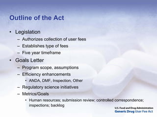 Outline of the Act

• Legislation
   – Authorizes collection of user fees
   – Establishes type of fees
   – Five year timeframe
• Goals Letter
   – Program scope, assumptions
   – Efficiency enhancements
       • ANDA, DMF, Inspection, Other
   – Regulatory science initiatives
   – Metrics/Goals
       • Human resources; submission review; controlled correspondence;
         inspections; backlog
 