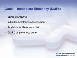 Goals – Immediate Efficiency (DMFs)

• Same as ANDAs

• Initial Completeness Assessment

• Available for Reference List

• DMF Completeness Letter
 