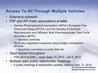 Access To All Through Multiple Vehicles
• Extensive outreach
• FDF and API trade associations at table
   – Generic Pharmaceutical Association (GPhA,) European Fine
     Chemicals Group (EFCG,) and the Society of Chemical
     Manufacturers and Affiliates’ Bulk Pharmaceuticals Task Force
     (SOCMA’s BPTF)
       • Members worldwide
   – 16 all-day negotiation sessions using a highly transparent
     process
       • Negotiation summaries on public Web site
• Open docket throughout
   – FDA-2010-N-0381 – Open Sept. 17, 2010 - Jan 6, 2012
• Multiple open public stakeholder meetings
   – 6 public meetings & stakeholder updates, starting Sept. 17, 2010
 