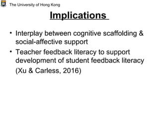Implications
• Interplay between cognitive scaffolding &
social-affective support
• Teacher feedback literacy to support
development of student feedback literacy
(Xu & Carless, 2016)
The University of Hong Kong
 