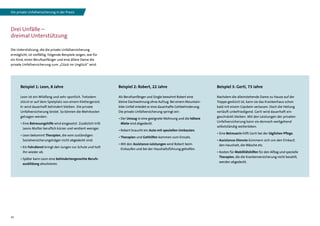 10
Drei Unfälle –
dreimal Unterstützung
Die Unterstützung, die die private Unfallversicherung
ermöglicht, ist vielfältig. Folgende Beispiele zeigen, wie für
ein Kind, einen Berufsanfänger und eine ältere Dame die
private Unfallversicherung zum „Glück im Unglück“ wird.
Beispiel 2: Robert, 22 Jahre
Als Berufsanfänger und Single bewohnt Robert eine
kleine Dachwohnung ohne Aufzug. Bei einem Mountain-
bike-Unfall erleidet er eine dauerhafte Gehbehinderung.
Die private Unfallversicherung springt ein:
•	Der Umzug in eine geeignete Wohnung und die höhere
Miete sind abgedeckt.
•	Robert braucht ein Auto mit speziellen Umbauten.
•	Therapien und Gehhilfen kommen zum Einsatz.
•	Mit den Assistance-Leistungen wird Robert beim
Einkaufen und bei der Haushaltsführung geholfen.
Beispiel 1: Leon, 8 Jahre
Leon ist ein Wildfang und sehr sportlich. Trotzdem
stürzt er auf dem Spielplatz von einem Klettergerüst.
Er wird dauerhaft behindert bleiben. Die private
Unfallversicherung leistet. So können die Mehrkosten
getragen werden:
•	Eine Betreuungshilfe wird eingesetzt. Zusätzlich tritt
Leons Mutter beruflich kürzer und verdient weniger.
•	Leon bekommt Therapien, die vom zuständigen
Sozialversicherungsträger nicht abgedeckt sind.
•	Ein Fahrdienst bringt den Jungen zur Schule und holt
ihn wieder ab.
•	Später kann Leon eine behindertengerechte Berufs­
ausbildung absolvieren.
Beispiel 3: Gerti, 73 Jahre
Nachdem die alleinstehende Dame zu Hause auf der
Treppe gestürzt ist, kann sie das Krankenhaus schon
bald mit einem Gipsbein verlassen. Doch die Heilung
verläuft unbefriedigend. Gerti wird dauerhaft ein­
geschränkt bleiben. Mit den Leistungen der privaten
Unfallversicherung kann sie dennoch weitgehend
selbstständig weiterleben.
•	Eine Betreuerin hilft Gerti bei der täglichen Pflege.
•	Assistance-Dienste kümmern sich um den Einkauf,
den Haushalt, die Wäsche etc.
•	Kosten für Mobilitätshilfen für den Alltag und spezielle
Therapien, die die Krankenversicherung nicht bezahlt,
werden abgedeckt.
Die private Unfallversicherung in der Praxis
 