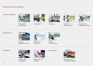 18
1
Die betriebliche Altersversorgung
Wie funktioniert ...?
Betriebliche Altersversorgung – was leistet sie eigentlich?
Staatliche Förderung
Der Staat profitiert. Beteiligt er sich auch?
Berufliche Veränderungen
Was passiert etwa bei Jobwechsel oder Arbeitslosigkeit?
Die fünf Durchführungswege
Welche Wege gibt es? Wo liegen die Unterschiede?
1
Die Riester-Rente
Für wen?
Wer profitiert besonders von der Förderung?
Vertrag, Zulagen, Auszahlung, Steuern
Was ist in der Praxis zu beachten?
Vorsorge-Förderung
Wie funktioniert „riestern“?
1
Die Basisrente
Steuerliche Förderung
Wie unterstützt der Staat die private Vorsorge?
Förderungsberechtigte
Eignet sich die Basisrente nur für Selbstständige und Freiberufler?
Leistungen
Was macht die Basisrente zu einem wichtigen Bestandteil der Altersvorsorge?
11
Die Lebens- und Rentenversicherung
Individuelle, ﬂexible Gestaltung
Worauf sollte man bei Vertragsabschluss achten?
Thema Steuern
Sind die Beiträge absetzbar? Muss man Auszahlungen versteuern?
Leistungen
Warum sind Lebens- und Rentenversicherungen so wichtig?
Die private Berufsunfähigkeitsversicherung
Risikoprüfung
Welche Rolle spielen aktuelle und frühere Erkrankungen?
Alternativen
Kann man sich auch anders absichern?
Definition
Wann genau ist man berufsunfähig?
1
Sicher unterwegs
Was muss man als Autofahrer im Ausland beachten?
Es hat gekracht
Wie verhält man sich nach einem Verkehrsunfall richtig?
Kfz-Haftpflicht, Teilkasko, Vollkasko
Welche Versicherung ist Pflicht, welche Kür?
Versicherungen für Kraftfahrzeuge
1
Versicherungen rund ums Reisen
Reiseversicherungen
Wie sichern sich Urlauber richtig ab?
Schutz durch bereits bestehende Versicherungen
Welche Schäden übernehmen Kfz- oder Hausratversicherung?
Spezielle Reisen
Wie versichert man sich im Skiurlaub oder beim Camping?
Die private Haftpflichtversicherung
Versicherte Personen
Wer ist durch die Privat-Haftpflichtversicherung geschützt?
Die lieben Kleinen
Ab welchem Alter haften Kinder?
Besondere Risiken
Was ist mit Schäden, die der eigene Hund anrichtet?
Leistungen
Welche Kosten übernimmt die Rechtsschutzversicherung eigentlich?
Außergerichtliche Lösungen
Wie kann man auch ohne langwierige Gerichtsprozesse zu seinem Recht kommen?
Fallbeispiele
Ist man auch bei Verkehrsunfällen auf der sicheren Seite?
Die Rechtsschutzversicherung
Die betriebliche
Altersversorgung
Altersvorsorge  Rente
Auto  Reise
1
Versicherungen rund um Haus, Wohnen und Eigentum
Wohngebäudeversicherung
Bei welchen Schäden ist das eigene Haus versichert?
Elementarschadenversicherung
Braucht man die auch, wenn man nicht an einem Fluss wohnt?
Bauen und Eigenheim
Wann haftet der Hauseigentümer?
Hausratversicherung
Was zählt alles zum Hausrat?
Haus  Garten
Beruf  Freizeit
Die Riester-Rente Die Basisrente Die Lebens- und
Rentenversicherung
Die private Berufs­
unfähigkeitsversicherung
Ganzheitlicher Schutz
Wie ergänzen sich Berufsunfähigkeits- und private Unfallversicherung?
Ratgeber
Was kann man nach einem Unfall von seinem Versicherer erwarten?
Leistungen
Wie wird der Versicherte nach einem Unfall unterstützt?
Die private Unfallversicherung
Die private
Unfallversicherung
Versicherungen für
Kraftfahrzeuge
Versicherungen rund
ums Reisen
Versicherungen rund um
Haus, Wohnen und Eigentum
Die private
Haftpflichtversicherung
Die Rechtsschutz-
versicherung
Alle Broschüren im Überblick
 