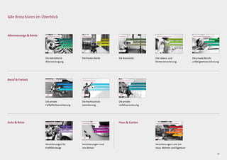15
1
Die betriebliche Altersversorgung
Wie funktioniert ...?
Betriebliche Altersversorgung – was leistet sie eigentlich?
Staatliche Förderung
Der Staat profitiert. Beteiligt er sich auch?
Berufliche Veränderungen
Was passiert etwa bei Jobwechsel oder Arbeitslosigkeit?
Die fünf Durchführungswege
Welche Wege gibt es? Wo liegen die Unterschiede?
1
Die Riester-Rente
Für wen?
Wer profitiert besonders von der Förderung?
Vertrag, Zulagen, Auszahlung, Steuern
Was ist in der Praxis zu beachten?
Vorsorge-Förderung
Wie funktioniert „riestern“?
1
Die Basisrente
Steuerliche Förderung
Wie unterstützt der Staat die private Vorsorge?
Förderungsberechtigte
Eignet sich die Basisrente nur für Selbstständige und Freiberufler?
Leistungen
Was macht die Basisrente zu einem wichtigen Bestandteil der Altersvorsorge?
11
Die Lebens- und Rentenversicherung
Individuelle, ﬂexible Gestaltung
Worauf sollte man bei Vertragsabschluss achten?
Thema Steuern
Sind die Beiträge absetzbar? Muss man Auszahlungen versteuern?
Leistungen
Warum sind Lebens- und Rentenversicherungen so wichtig?
Die private Berufsunfähigkeitsversicherung
Risikoprüfung
Welche Rolle spielen aktuelle und frühere Erkrankungen?
Alternativen
Kann man sich auch anders absichern?
Definition
Wann genau ist man berufsunfähig?
1
Sicher unterwegs
Was muss man als Autofahrer im Ausland beachten?
Es hat gekracht
Wie verhält man sich nach einem Verkehrsunfall richtig?
Kfz-Haftpflicht, Teilkasko, Vollkasko
Welche Versicherung ist Pflicht, welche Kür?
Versicherungen für Kraftfahrzeuge
1
Versicherungen rund ums Reisen
Reiseversicherungen
Wie sichern sich Urlauber richtig ab?
Schutz durch bereits bestehende Versicherungen
Welche Schäden übernehmen Kfz- oder Hausratversicherung?
Spezielle Reisen
Wie versichert man sich im Skiurlaub oder beim Camping?
Die private Haftpflichtversicherung
Versicherte Personen
Wer ist durch die Privat-Haftpflichtversicherung geschützt?
Die lieben Kleinen
Ab welchem Alter haften Kinder?
Besondere Risiken
Was ist mit Schäden, die der eigene Hund anrichtet?
Leistungen
Welche Kosten übernimmt die Rechtsschutzversicherung eigentlich?
Außergerichtliche Lösungen
Wie kann man auch ohne langwierige Gerichtsprozesse zu seinem Recht kommen?
Fallbeispiele
Ist man auch bei Verkehrsunfällen auf der sicheren Seite?
Die Rechtsschutzversicherung
Die betriebliche
Altersversorgung
Altersvorsorge  Rente
Auto  Reise
1
Versicherungen rund um Haus, Wohnen und Eigentum
Wohngebäudeversicherung
Bei welchen Schäden ist das eigene Haus versichert?
Elementarschadenversicherung
Braucht man die auch, wenn man nicht an einem Fluss wohnt?
Bauen und Eigenheim
Wann haftet der Hauseigentümer?
Hausratversicherung
Was zählt alles zum Hausrat?
Haus  Garten
Beruf  Freizeit
Die Riester-Rente Die Basisrente Die Lebens- und
Rentenversicherung
Die private Berufs­
unfähigkeitsversicherung
Ganzheitlicher Schutz
Wie ergänzen sich Berufsunfähigkeits- und private Unfallversicherung?
Ratgeber
Was kann man nach einem Unfall von seinem Versicherer erwarten?
Leistungen
Wie wird der Versicherte nach einem Unfall unterstützt?
Die private Unfallversicherung
Die private
Unfallversicherung
Versicherungen für
Kraftfahrzeuge
Versicherungen rund
ums Reisen
Versicherungen rund um
Haus, Wohnen und Eigentum
Die private
Haftpflichtversicherung
Die Rechtsschutz-
versicherung
Alle Broschüren im Überblick
 