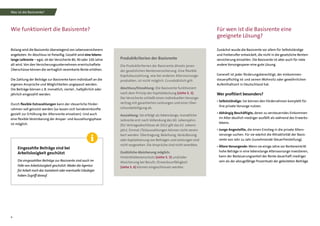 4
Wie funktioniert die Basisrente?
Bislang wird die Basisrente überwiegend von Lebensversicherern
angeboten. Ihr Abschluss ist freiwillig. Gezahlt wird eine lebens­
lange Leibrente – egal, ob der Versicherte 80, 90 oder 100 Jahre
alt wird. Von den Versicherungsunternehmen erwirtschaftete
Überschüsse können die vertraglich vereinbarte Rente erhöhen.
Die Zahlung der Beiträge zur Basisrente kann individuell an die
eigenen Ansprüche und Möglichkeiten angepasst werden:
Die Beiträge können z. B. monatlich, viertel-, halbjährlich oder
jährlich eingezahlt werden.
Durch flexible Extrazahlungen kann der steuerliche Förder­
rahmen voll genutzt werden (so lassen sich Sondereinkünfte
gezielt zur Erhöhung der Altersrente einsetzen). Und auch
eine flexible Vereinbarung der Anspar- und Auszahlungsphase
ist möglich.
Für wen ist die Basisrente eine
geeignete Lösung?
Zunächst wurde die Basisrente vor allem für Selbstständige
und Freiberufler entwickelt, die nicht in die gesetzliche Renten-
versicherung einzahlen. Die Basisrente ist aber auch für viele
andere Vorsorgesparer eine gute Lösung.
Generell ist jeder förderungsberechtigt, der einkommen­
steuerpflichtig ist und seinen Wohnsitz oder gewöhnlichen
Aufenthaltsort in Deutschland hat.
Wer profitiert besonders?
•	Selbstständige: Sie können den Förderrahmen komplett für
ihre private Vorsorge nutzen.
•	Abhängig Beschäftigte, deren zu versteuerndes Einkommen
im Alter deutlich niedriger ausfällt als während des Erwerbs-
lebens.
•	Junge Angestellte, die einen Einstieg in die private Alters-
vorsorge suchen. Für sie wächst die Attraktivität der Basis-
rente von Jahr zu Jahr (zunehmende Steuerfreistellung).
•	Ältere Vorsorgende: Wenn sie einige Jahre vor Renteneintritt
hohe Beträge in eine lebenslange Altersvorsorge investieren,
kann der Besteuerungsanteil der Rente dauerhaft niedriger
sein als der abzugsfähige Prozentsatz der geleisteten Beiträge.
Was ist die Basisrente?
Eingezahlte Beiträge sind bei
Arbeitslosigkeit geschützt
Die eingezahlten Beiträge zur Basisrente sind auch im
Falle von Arbeitslosigkeit geschützt:Weder die Agentur
für Arbeit noch das Sozialamt oder eventuelle Gläubiger
haben Zugriff darauf.
Produktkriterien der Basisrente
Die Produktkriterien der Basisrente ähneln jenen
der gesetzlichen Rentenversicherung. Eine flexible
Kapitalauszahlung, wie bei anderen Altersvorsorge-
produkten, ist nicht möglich. Grundsätzlich gilt:
Abschluss/Einzahlung: Die Basisrente funktioniert
nach dem Prinzip der Kapitaldeckung (siehe S. 3).
Der Versicherte schließt einen individuellen Vorsorge-
vertrag mit garantierten Leistungen und einer Über-
schussbeteiligung ab.
Auszahlung: Sie erfolgt als lebenslange, monatliche
Leibrente erst nach Vollendung des 60. Lebensjahrs
(für Vertragsabschlüsse ab 2012 gilt das 62. Lebens-
jahr). Einmal-/Teilauszahlungen können nicht verein-
bart werden. Übertragung, Beleihung, Veräußerung
oder Kapitalisierung von Beiträgen und Leistungen sind
nicht vorgesehen. Die Ansprüche sind nicht vererbbar.
Zusätzliche Absicherung möglich:
Hinterbliebenenschutz (siehe S. 5) und/oder
­Absicherung bei Berufs-/Erwerbsunfähigkeit
(siehe S. 6) können eingeschlossen werden.
 