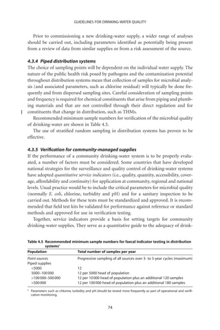 GUIDELINES FOR DRINKING-WATER QUALITY


   Prior to commissioning a new drinking-water supply, a wider range of analyses
should be carried out, including parameters identiﬁed as potentially being present
from a review of data from similar supplies or from a risk assessment of the source.

4.3.4 Piped distribution systems
The choice of sampling points will be dependent on the individual water supply. The
nature of the public health risk posed by pathogens and the contamination potential
throughout distribution systems mean that collection of samples for microbial analy-
sis (and associated parameters, such as chlorine residual) will typically be done fre-
quently and from dispersed sampling sites. Careful consideration of sampling points
and frequency is required for chemical constituents that arise from piping and plumb-
ing materials and that are not controlled through their direct regulation and for
constituents that change in distribution, such as THMs.
    Recommended minimum sample numbers for veriﬁcation of the microbial quality
of drinking-water are shown in Table 4.5.
    The use of stratiﬁed random sampling in distribution systems has proven to be
effective.

4.3.5 Veriﬁcation for community-managed supplies
If the performance of a community drinking-water system is to be properly evalu-
ated, a number of factors must be considered. Some countries that have developed
national strategies for the surveillance and quality control of drinking-water systems
have adopted quantitative service indicators (i.e., quality, quantity, accessibility, cover-
age, affordability and continuity) for application at community, regional and national
levels. Usual practice would be to include the critical parameters for microbial quality
(normally E. coli, chlorine, turbidity and pH) and for a sanitary inspection to be
carried out. Methods for these tests must be standardized and approved. It is recom-
mended that ﬁeld test kits be validated for performance against reference or standard
methods and approved for use in veriﬁcation testing.
   Together, service indicators provide a basis for setting targets for community
drinking-water supplies. They serve as a quantitative guide to the adequacy of drink-


Table 4.5 Recommended minimum sample numbers for faecal indicator testing in distribution
          systemsa
Population               Total number of samples per year
Point sources                       Progressive sampling of all sources over 3- to 5-year cycles (maximum)
Piped supplies
  5000                             12
  5000–100 000                      12 per 5000 head of population
  100 000–500 000                  12 per 10 000 head of population plus an additional 120 samples
  500 000                          12 per 100 000 head of population plus an additional 180 samples
a
    Parameters such as chlorine, turbidity and pH should be tested more frequently as part of operational and veriﬁ-
    cation monitoring.


                                                         74
 