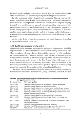 4. WATER SAFETY PLANS


ing-water supplies and provide consumers with an objective measure of the quality
of the overall service and thus the degree of public health protection afforded.
    Periodic testing and sanitary inspection of community drinking-water supplies
should typically be undertaken by the surveillance agency and should assess micro-
bial hazards and known problem chemicals (see also chapter 5). Frequent sampling
is unlikely to be possible, and one approach is therefore a rolling programme of visits
to ensure that each supply is visited once every 3–5 years. The primary purpose is to
inform strategic planning and policy rather than to assess compliance of individual
drinking-water supplies. Comprehensive analysis of chemical quality of all sources is
recommended prior to commissioning as a minimum and preferably every 3–5 years
thereafter.
    Advice on the design of sampling programmes and on the frequency of sampling
is given in ISO standards (Table 4.6).

4.3.6 Quality assurance and quality control
Appropriate quality assurance and analytical quality control procedures should be
implemented for all activities linked to the production of drinking-water quality data.
These procedures will ensure that the data are ﬁt for purpose – in other words, that
the results produced are of adequate accuracy. Fit for purpose, or adequate accuracy,
will be deﬁned in the water quality monitoring programme, which will include a state-
ment about accuracy and precision of the data. Because of the wide range of sub-
stances, methods, equipment and accuracy requirements likely to be involved in the
monitoring of drinking-water, many detailed, practical aspects of analytical quality
control are concerned. These are beyond the scope of this publication.
   The design and implementation of a quality assurance programme for analytical
laboratories are described in detail in Water Quality Monitoring (Bartram  Ballance,


Table 4.6 International Organization for Standardization (ISO) standards for water quality
          giving guidance on sampling
ISO standard no.      Title (water quality)
5667–1:1980           Sampling – Part 1: Guidance on the design of sampling programmes
5667–2:1991           Sampling – Part 2: Guidance on sampling techniques
5667–3:1994           Sampling – Part 3: Guidance on the preservation and handling of samples
5667–4:1987           Sampling – Part 4: Guidance on sampling from lakes, natural and man-made
5667–5:1991           Sampling – Part 5: Guidance on sampling of drinking-water and water used
                      for food and beverage processing
5667–6:1990           Sampling – Part 6: Guidance on sampling of rivers and streams
5667–13:1997          Sampling – Part 13: Guidance on sampling of sludges from sewage and
                      water-treatment works
5667–14:1998          Sampling – Part 14: Guidance on quality assurance of environmental water
                      sampling and handling
5667–16:1998          Sampling – Part 16: Guidance on biotesting of samples
5668–17:2000          Sampling – Part 17: Guidance on sampling of suspended sediments
13530:1997            Water quality – Guide to analytical control for water analysis



                                              75
 