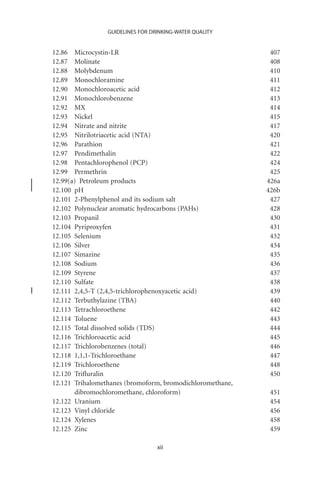 GUIDELINES FOR DRINKING-WATER QUALITY


12.86 Microcystin-LR                                        407
12.87 Molinate                                              408
12.88 Molybdenum                                            410
12.89 Monochloramine                                        411
12.90 Monochloroacetic acid                                 412
12.91 Monochlorobenzene                                     413
12.92 MX                                                    414
12.93 Nickel                                                415
12.94 Nitrate and nitrite                                   417
12.95 Nitrilotriacetic acid (NTA)                           420
12.96 Parathion                                             421
12.97 Pendimethalin                                         422
12.98 Pentachlorophenol (PCP)                               424
12.99 Permethrin                                            425
12.99(a) Petroleum products                                426a
12.100 pH                                                  426b
12.101 2-Phenylphenol and its sodium salt                   427
12.102 Polynuclear aromatic hydrocarbons (PAHs)             428
12.103 Propanil                                             430
12.104 Pyriproxyfen                                         431
12.105 Selenium                                             432
12.106 Silver                                               434
12.107 Simazine                                             435
12.108 Sodium                                               436
12.109 Styrene                                              437
12.110 Sulfate                                              438
12.111 2,4,5-T (2,4,5-trichlorophenoxyacetic acid)          439
12.112 Terbuthylazine (TBA)                                 440
12.113 Tetrachloroethene                                    442
12.114 Toluene                                              443
12.115 Total dissolved solids (TDS)                         444
12.116 Trichloroacetic acid                                 445
12.117 Trichlorobenzenes (total)                            446
12.118 1,1,1-Trichloroethane                                447
12.119 Trichloroethene                                      448
12.120 Triﬂuralin                                           450
12.121 Trihalomethanes (bromoform, bromodichloromethane,
       dibromochloromethane, chloroform)                    451
12.122 Uranium                                              454
12.123 Vinyl chloride                                       456
12.124 Xylenes                                              458
12.125 Zinc                                                 459

                                  xii
 
