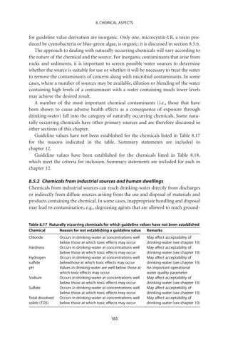 8. CHEMICAL ASPECTS


for guideline value derivation are inorganic. Only one, microcystin-LR, a toxin pro-
duced by cyanobacteria or blue-green algae, is organic; it is discussed in section 8.5.6.
   The approach to dealing with naturally occurring chemicals will vary according to
the nature of the chemical and the source. For inorganic contaminants that arise from
rocks and sediments, it is important to screen possible water sources to determine
whether the source is suitable for use or whether it will be necessary to treat the water
to remove the contaminants of concern along with microbial contaminants. In some
cases, where a number of sources may be available, dilution or blending of the water
containing high levels of a contaminant with a water containing much lower levels
may achieve the desired result.
   A number of the most important chemical contaminants (i.e., those that have
been shown to cause adverse health effects as a consequence of exposure through
drinking-water) fall into the category of naturally occurring chemicals. Some natu-
rally occurring chemicals have other primary sources and are therefore discussed in
other sections of this chapter.
   Guideline values have not been established for the chemicals listed in Table 8.17
for the reasons indicated in the table. Summary statements are included in
chapter 12.
   Guideline values have been established for the chemicals listed in Table 8.18,
which meet the criteria for inclusion. Summary statements are included for each in
chapter 12.

8.5.2 Chemicals from industrial sources and human dwellings
Chemicals from industrial sources can reach drinking-water directly from discharges
or indirectly from diffuse sources arising from the use and disposal of materials and
products containing the chemical. In some cases, inappropriate handling and disposal
may lead to contamination, e.g., degreasing agents that are allowed to reach ground-


Table 8.17 Naturally occurring chemicals for which guideline values have not been established
Chemical        Reason for not establishing a guideline value Remarks
Chloride          Occurs in drinking-water at concentrations well    May affect acceptability of
                  below those at which toxic effects may occur       drinking-water (see chapter 10)
Hardness          Occurs in drinking-water at concentrations well    May affect acceptability of
                  below those at which toxic effects may occur       drinking-water (see chapter 10)
Hydrogen          Occurs in drinking-water at concentrations well    May affect acceptability of
sulﬁde            belowthose at which toxic effects may occur        drinking-water (see chapter 10)
pH                Values in drinking-water are well below those at   An important operational
                  which toxic effects may occur                      water quality parameter
Sodium            Occurs in drinking-water at concentrations well    May affect acceptability of
                  below those at which toxic effects may occur       drinking-water (see chapter 10)
Sulfate           Occurs in drinking-water at concentrations well    May affect acceptability of
                  below those at which toxic effects may occur       drinking-water (see chapter 10)
Total dissolved   Occurs in drinking-water at concentrations well    May affect acceptability of
solids (TDS)      below those at which toxic effects may occur       drinking-water (see chapter 10)


                                                185
 
