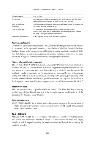GUIDELINES FOR DRINKING-WATER QUALITY



Guideline value            0.02 mg/litre
Occurrence                 Has been detected in groundwater and surface water; has also been
                           detected in drinking-water at levels below 0.002 mg/litre
Basis of guideline         Calculated by applying the linearized multistage model to data on the
derivation                 incidence of nasal tumours in rats
Limit of detection         0.1 mg/litre by gas–liquid chromatography with electrolytic
                           conductivity detection in the nitrogen mode or by capillary column
                           GC with a nitrogen–phosphorus detector
Treatment achievability    0.001 mg/litre should be achievable using GAC


Toxicological review
On the basis of available experimental data, evidence for the genotoxicity of alachlor
is considered to be equivocal. However, a metabolite of alachlor, 2,6-diethylaniline,
has been shown to be mutagenic. Available data from two studies in rats clearly indi-
cate that alachlor is carcinogenic, causing benign and malignant tumours of the nasal
turbinate, malignant stomach tumours and benign thyroid tumours.

History of guideline development
The 1958 and 1963 WHO International Standards for Drinking-water did not refer to
alachlor, but the 1971 International Standards suggested that pesticide residues that
may occur in community water supplies make only a minimal contribution to the
total daily intake of pesticides for the population served. Alachlor was not evaluated
in the ﬁrst edition of the Guidelines for Drinking-water Quality, published in 1984,
but the 1993 Guidelines calculated a guideline value of 0.02 mg/litre for alachlor in
drinking-water, corresponding to an upper-bound excess lifetime cancer risk of 10-5.

Assessment date
The risk assessment was originally conducted in 1993. The Final Task Force Meeting
in 2003 agreed that this risk assessment be brought forward to this edition of the
Guidelines for Drinking-water Quality.

Principal reference
WHO (2003) Alachlor in drinking-water. Background document for preparation of
   WHO Guidelines for drinking-water quality. Geneva, World Health Organization
   (WHO/SDE/WSH/03.04/31).

12.3 Aldicarb
Aldicarb (CAS No. 116-06-3) is a systemic pesticide used to control nematodes in soil
and insects and mites on a variety of crops. It is very soluble in water and highly
mobile in soil. It degrades mainly by biodegradation and hydrolysis, persisting for
weeks to months.


                                            298
 