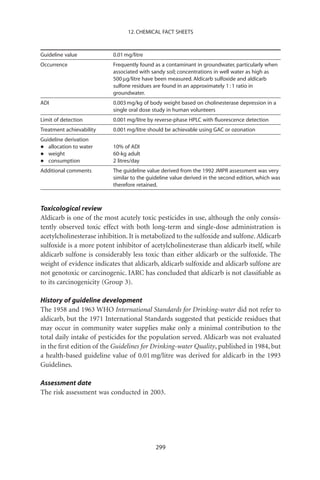 12. CHEMICAL FACT SHEETS



Guideline value           0.01 mg/litre
Occurrence                Frequently found as a contaminant in groundwater, particularly when
                          associated with sandy soil; concentrations in well water as high as
                          500 mg/litre have been measured. Aldicarb sulfoxide and aldicarb
                          sulfone residues are found in an approximately 1 : 1 ratio in
                          groundwater.
ADI                       0.003 mg/kg of body weight based on cholinesterase depression in a
                          single oral dose study in human volunteers
Limit of detection        0.001 mg/litre by reverse-phase HPLC with ﬂuorescence detection
Treatment achievability   0.001 mg/litre should be achievable using GAC or ozonation
Guideline derivation
•  allocation to water    10% of ADI
•  weight                 60-kg adult
•  consumption            2 litres/day
Additional comments       The guideline value derived from the 1992 JMPR assessment was very
                          similar to the guideline value derived in the second edition, which was
                          therefore retained.



Toxicological review
Aldicarb is one of the most acutely toxic pesticides in use, although the only consis-
tently observed toxic effect with both long-term and single-dose administration is
acetylcholinesterase inhibition. It is metabolized to the sulfoxide and sulfone. Aldicarb
sulfoxide is a more potent inhibitor of acetylcholinesterase than aldicarb itself, while
aldicarb sulfone is considerably less toxic than either aldicarb or the sulfoxide. The
weight of evidence indicates that aldicarb, aldicarb sulfoxide and aldicarb sulfone are
not genotoxic or carcinogenic. IARC has concluded that aldicarb is not classiﬁable as
to its carcinogenicity (Group 3).

History of guideline development
The 1958 and 1963 WHO International Standards for Drinking-water did not refer to
aldicarb, but the 1971 International Standards suggested that pesticide residues that
may occur in community water supplies make only a minimal contribution to the
total daily intake of pesticides for the population served. Aldicarb was not evaluated
in the ﬁrst edition of the Guidelines for Drinking-water Quality, published in 1984, but
a health-based guideline value of 0.01 mg/litre was derived for aldicarb in the 1993
Guidelines.

Assessment date
The risk assessment was conducted in 2003.




                                            299
 