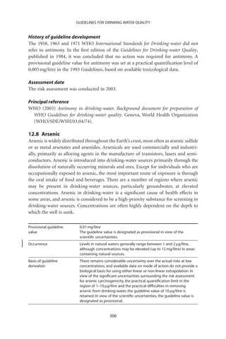 GUIDELINES FOR DRINKING-WATER QUALITY


History of guideline development
The 1958, 1963 and 1971 WHO International Standards for Drinking-water did not
refer to antimony. In the ﬁrst edition of the Guidelines for Drinking-water Quality,
published in 1984, it was concluded that no action was required for antimony. A
provisional guideline value for antimony was set at a practical quantiﬁcation level of
0.005 mg/litre in the 1993 Guidelines, based on available toxicological data.

Assessment date
The risk assessment was conducted in 2003.

Principal reference
WHO (2003) Antimony in drinking-water. Background document for preparation of
   WHO Guidelines for drinking-water quality. Geneva, World Health Organization
   (WHO/SDE/WSH/03.04/74).

12.8 Arsenic
Arsenic is widely distributed throughout the Earth’s crust, most often as arsenic sulﬁde
or as metal arsenates and arsenides. Arsenicals are used commercially and industri-
ally, primarily as alloying agents in the manufacture of transistors, lasers and semi-
conductors. Arsenic is introduced into drinking-water sources primarily through the
dissolution of naturally occurring minerals and ores. Except for individuals who are
occupationally exposed to arsenic, the most important route of exposure is through
the oral intake of food and beverages. There are a number of regions where arsenic
may be present in drinking-water sources, particularly groundwater, at elevated
concentrations. Arsenic in drinking-water is a signiﬁcant cause of health effects in
some areas, and arsenic is considered to be a high-priority substance for screening in
drinking-water sources. Concentrations are often highly dependent on the depth to
which the well is sunk.

Provisional guideline     0.01 mg/litre
value                     The guideline value is designated as provisional in view of the
                          scientiﬁc uncertainties.
Occurrence                Levels in natural waters generally range between 1 and 2 mg/litre,
                          although concentrations may be elevated (up to 12 mg/litre) in areas
                          containing natural sources.
Basis of guideline        There remains considerable uncertainty over the actual risks at low
derivation                concentrations, and available data on mode of action do not provide a
                          biological basis for using either linear or non-linear extrapolation. In
                          view of the signiﬁcant uncertainties surrounding the risk assessment
                          for arsenic carcinogenicity, the practical quantiﬁcation limit in the
                          region of 1–10 mg/litre and the practical difﬁculties in removing
                          arsenic from drinking-water, the guideline value of 10 mg/litre is
                          retained. In view of the scientiﬁc uncertainties, the guideline value is
                          designated as provisional.


                                            306
 