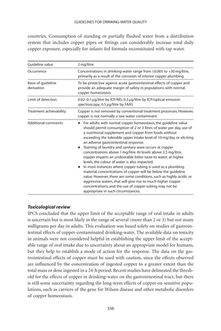 GUIDELINES FOR DRINKING-WATER QUALITY


countries. Consumption of standing or partially ﬂushed water from a distribution
system that includes copper pipes or ﬁttings can considerably increase total daily
copper exposure, especially for infants fed formula reconstituted with tap water.


Guideline value            2 mg/litre
Occurrence                 Concentrations in drinking-water range from £0.005 to 30 mg/litre,
                           primarily as a result of the corrosion of interior copper plumbing.
Basis of guideline         To be protective against acute gastrointestinal effects of copper and
derivation                 provide an adequate margin of safety in populations with normal
                           copper homeostasis
Limit of detection         0.02–0.1 mg/litre by ICP/MS; 0.3 mg/litre by ICP/optical emission
                           spectroscopy; 0.5 mg/litre by FAAS
Treatment achievability    Copper is not removed by conventional treatment processes. However,
                           copper is not normally a raw water contaminant.
Additional comments        •   For adults with normal copper homeostasis, the guideline value
                               should permit consumption of 2 or 3 litres of water per day, use of
                               a nutritional supplement and copper from foods without
                               exceeding the tolerable upper intake level of 10 mg/day or eliciting
                               an adverse gastrointestinal response.
                           •   Staining of laundry and sanitary ware occurs at copper
                               concentrations above 1 mg/litre. At levels above 2.5 mg/litre,
                               copper imparts an undesirable bitter taste to water; at higher
                               levels, the colour of water is also impacted.
                           •   In most instances where copper tubing is used as a plumbing
                               material, concentrations of copper will be below the guideline
                               value. However, there are some conditions, such as highly acidic or
                               aggressive waters, that will give rise to much higher copper
                               concentrations, and the use of copper tubing may not be
                               appropriate in such circumstances.



Toxicological review
IPCS concluded that the upper limit of the acceptable range of oral intake in adults
is uncertain but is most likely in the range of several (more than 2 or 3) but not many
milligrams per day in adults. This evaluation was based solely on studies of gastroin-
testinal effects of copper-contaminated drinking-water. The available data on toxicity
in animals were not considered helpful in establishing the upper limit of the accept-
able range of oral intake due to uncertainty about an appropriate model for humans,
but they help to establish a mode of action for the response. The data on the gas-
trointestinal effects of copper must be used with caution, since the effects observed
are inﬂuenced by the concentration of ingested copper to a greater extent than the
total mass or dose ingested in a 24-h period. Recent studies have delineated the thresh-
old for the effects of copper in drinking-water on the gastrointestinal tract, but there
is still some uncertainty regarding the long-term effects of copper on sensitive popu-
lations, such as carriers of the gene for Wilson disease and other metabolic disorders
of copper homeostasis.

                                             336
 