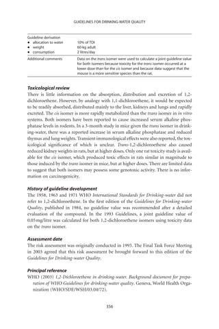 GUIDELINES FOR DRINKING-WATER QUALITY



Guideline derivation
•  allocation to water     10% of TDI
•  weight                  60-kg adult
•  consumption             2 litres/day
Additional comments        Data on the trans isomer were used to calculate a joint guideline value
                           for both isomers because toxicity for the trans isomer occurred at a
                           lower dose than for the cis isomer and because data suggest that the
                           mouse is a more sensitive species than the rat.


Toxicological review
There is little information on the absorption, distribution and excretion of 1,2-
dichloroethene. However, by analogy with 1,1-dichloroethene, it would be expected
to be readily absorbed, distributed mainly to the liver, kidneys and lungs and rapidly
excreted. The cis isomer is more rapidly metabolized than the trans isomer in in vitro
systems. Both isomers have been reported to cause increased serum alkaline phos-
phatase levels in rodents. In a 3-month study in mice given the trans isomer in drink-
ing-water, there was a reported increase in serum alkaline phosphatase and reduced
thymus and lung weights. Transient immunological effects were also reported, the tox-
icological signiﬁcance of which is unclear. Trans-1,2-dichloroethene also caused
reduced kidney weights in rats, but at higher doses. Only one rat toxicity study is avail-
able for the cis isomer, which produced toxic effects in rats similar in magnitude to
those induced by the trans isomer in mice, but at higher doses. There are limited data
to suggest that both isomers may possess some genotoxic activity. There is no infor-
mation on carcinogenicity.

History of guideline development
The 1958, 1963 and 1971 WHO International Standards for Drinking-water did not
refer to 1,2-dichloroethene. In the ﬁrst edition of the Guidelines for Drinking-water
Quality, published in 1984, no guideline value was recommended after a detailed
evaluation of the compound. In the 1993 Guidelines, a joint guideline value of
0.05 mg/litre was calculated for both 1,2-dichloroethene isomers using toxicity data
on the trans isomer.

Assessment date
The risk assessment was originally conducted in 1993. The Final Task Force Meeting
in 2003 agreed that this risk assessment be brought forward to this edition of the
Guidelines for Drinking-water Quality.

Principal reference
WHO (2003) 1,2-Dichloroethene in drinking-water. Background document for prepa-
   ration of WHO Guidelines for drinking-water quality. Geneva, World Health Orga-
   nization (WHO/SDE/WSH/03.04/72).


                                             356
 