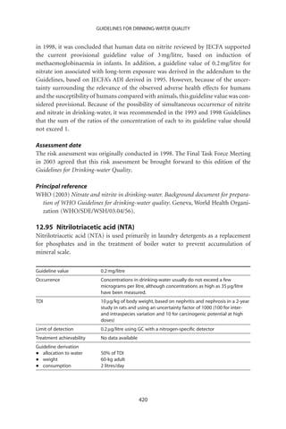GUIDELINES FOR DRINKING-WATER QUALITY


in 1998, it was concluded that human data on nitrite reviewed by JECFA supported
the current provisional guideline value of 3 mg/litre, based on induction of
methaemoglobinaemia in infants. In addition, a guideline value of 0.2 mg/litre for
nitrate ion associated with long-term exposure was derived in the addendum to the
Guidelines, based on JECFA’s ADI derived in 1995. However, because of the uncer-
tainty surrounding the relevance of the observed adverse health effects for humans
and the susceptibility of humans compared with animals, this guideline value was con-
sidered provisional. Because of the possibility of simultaneous occurrence of nitrite
and nitrate in drinking-water, it was recommended in the 1993 and 1998 Guidelines
that the sum of the ratios of the concentration of each to its guideline value should
not exceed 1.

Assessment date
The risk assessment was originally conducted in 1998. The Final Task Force Meeting
in 2003 agreed that this risk assessment be brought forward to this edition of the
Guidelines for Drinking-water Quality.

Principal reference
WHO (2003) Nitrate and nitrite in drinking-water. Background document for prepara-
   tion of WHO Guidelines for drinking-water quality. Geneva, World Health Organi-
   zation (WHO/SDE/WSH/03.04/56).

12.95 Nitrilotriacetic acid (NTA)
Nitrilotriacetic acid (NTA) is used primarily in laundry detergents as a replacement
for phosphates and in the treatment of boiler water to prevent accumulation of
mineral scale.

Guideline value            0.2 mg/litre
Occurrence                 Concentrations in drinking-water usually do not exceed a few
                           micrograms per litre, although concentrations as high as 35 mg/litre
                           have been measured.
TDI                        10 mg/kg of body weight, based on nephritis and nephrosis in a 2-year
                           study in rats and using an uncertainty factor of 1000 (100 for inter-
                           and intraspecies variation and 10 for carcinogenic potential at high
                           doses)
Limit of detection         0.2 mg/litre using GC with a nitrogen-speciﬁc detector
Treatment achievability    No data available
Guideline derivation
•  allocation to water     50% of TDI
•  weight                  60-kg adult
•  consumption             2 litres/day




                                               420
 