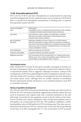 GUIDELINES FOR DRINKING-WATER QUALITY


12.98 Pentachlorophenol (PCP)
PCP (CAS No. 87-86-5) and other chlorophenols are used primarily for protecting
wood from fungal growth. Food is usually the major source of exposure to PCP unless
there is a speciﬁc local chlorophenol contamination of drinking-water or exposure
from log homes treated with PCP.


Provisional guideline      0.009 mg/litre
value                      The guideline value is considered provisional because of the variations
                           in metabolism between experimental animals and humans.
Occurrence                 Concentrations in water samples are usually below 10 mg/litre,
                           although much higher concentrations in groundwater may be
                           measured under certain conditions.
Basis of guideline         Multistage modelling of tumour incidence in a US NTP bioassay
derivation                 without incorporation of a body surface area correction, recognizing
                           that there are interspecies differences in metabolism between animals
                           and humans, with an important metabolite formed in rats being only
                           a minor metabolite in humans
Limit of detection         0.005–0.01 mg/litre by GC with ECD
Treatment achievability    0.4 mg/litre should be achievable using GAC
Additional comments        The concentration of PCP associated with a 10-5 upper-bound excess
                           lifetime cancer risk is similar to the guideline value established in the
                           second edition, so that guideline value is retained.


Toxicological review
IARC classiﬁed PCP in Group 2B (the agent is possibly carcinogenic to humans) on
the basis of inadequate evidence of carcinogenicity in humans but sufﬁcient evidence
in experimental animals. There is suggestive, although inconclusive, evidence of the
carcinogenicity of PCP from epidemiological studies of populations exposed to mix-
tures that include PCP. Conclusive evidence of carcinogenicity has been obtained in
one animal species (mice). Although there are notable variations in metabolism
between experimental animals and humans, it was considered prudent to treat PCP
as a potential carcinogen.

History of guideline development
The 1958 and 1963 WHO International Standards for Drinking-water did not refer to
PCP, but the 1971 International Standards suggested that pesticide residues that may
occur in community water supplies make only a minimal contribution to the total
daily intake of pesticides for the population served. In the ﬁrst edition of the Guide-
lines for Drinking-water Quality, published in 1984, a health-based guideline value of
0.01 mg/litre was recommended for PCP. The 1993 Guidelines established a health-
based guideline value of 0.009 mg/litre for PCP in drinking-water. This value was con-
sidered provisional because PCP was evaluated only at the Final Task Group Meeting
on the basis of an EHC monograph (No. 71). The concentration of PCP associated

                                              424
 