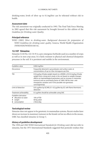 12. CHEMICAL FACT SHEETS


drinking-water, levels of silver up to 0.1 mg/litre can be tolerated without risk to
health.

Assessment date
The risk assessment was originally conducted in 1993. The Final Task Force Meeting
in 2003 agreed that this risk assessment be brought forward to this edition of the
Guidelines for Drinking-water Quality.

Principal reference
WHO (2003) Silver in drinking-water. Background document for preparation of
   WHO Guidelines for drinking-water quality. Geneva, World Health Organization
   (WHO/SDE/WSH/03.04/14).

12.107 Simazine
Simazine (CAS No. 122-34-9) is a pre-emergence herbicide used on a number of crops
as well as in non-crop areas. It is fairly resistant to physical and chemical dissipation
processes in the soil. It is persistent and mobile in the environment.


Guideline value           0.002 mg/litre
Occurrence                Frequently detected in groundwater and surface water at
                          concentrations of up to a few micrograms per litre
TDI                       0.52 mg/kg of body weight, based on a NOAEL of 0.52 mg/kg of body
                          weight from a long-term study in the rat (based on weight changes,
                          effects on haematological parameters and an increase in mammary
                          tumours) and an uncertainty factor of 1000 (100 for inter- and
                          intraspecies variation and 10 for possible non-genotoxic
                          carcinogenicity)
Limit of detection        0.01 mg/litre by GC/MS; 0.1–0.2 mg/litre by GC with ﬂame thermionic
                          detection
Treatment achievability   0.1 mg/litre should be achievable using GAC
Guideline derivation
•  allocation to water    10% of TDI
•  weight                 60-kg adult
•  consumption            2 litres/day



Toxicological review
Simazine does not appear to be genotoxic in mammalian systems. Recent studies have
shown an increase in mammary tumours in the female rat but no effects in the mouse.
IARC has classiﬁed simazine in Group 3.

History of guideline development
The 1958 and 1963 WHO International Standards for Drinking-water did not refer to
simazine, but the 1971 International Standards suggested that pesticide residues that

                                           435
 