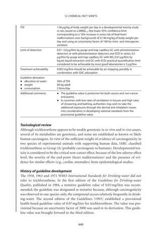 12. CHEMICAL FACT SHEETS


TDI                        1.46 mg/kg of body weight per day in a developmental toxicity study
                           in rats, based on a BMDL10 (the lower 95% conﬁdence limit
                           corresponding to a 10% increase in extra risk of fetal heart
                           malformations over background) of 0.146 mg/kg of body weight per
                           day and using an uncertainty factor of 100 for intra- and interspecies
                           variation
Limit of detection         0.01–3.0 mg/litre by purge and trap capillary GC with photoionization
                           detectors or with photoionization detectors and ECD in series; 0.5
                           mg/litre by purge and trap capillary GC with MS; 0.01 mg/litre by
                           liquid–liquid extraction and GC with ECD; practical quantiﬁcation limit
                           considered to be achievable by most good laboratories is 5 mg/litre
Treatment achievability    0.002 mg/litre should be achievable by air stripping, possibly in
                           combination with GAC adsorption
Guideline derivation
•  allocation to water     50% of TDI
•  weight                  60-kg adult
•  consumption             2 litres/day
Additional comments        •   The guideline value is protective for both cancer and non-cancer
                               end-points.
                           •   In countries with low rates of ventilation in houses and high rates
                               of showering and bathing, authorities may wish to take the
                               additional exposures through the dermal and inhalation routes
                               into consideration in developing national standards from the
                               provisional guideline value.


Toxicological review
Although trichloroethene appears to be weakly genotoxic in in vitro and in vivo assays,
several of its metabolites are genotoxic, and some are established as known or likely
human carcinogens. In view of the sufﬁcient weight of evidence of carcinogenicity in
two species of experimental animals with supporting human data, IARC classiﬁed
trichloroethene as Group 2A (probably carcinogenic to humans). Developmental tox-
icity is considered to be the critical non-cancer effect, because of the low adverse effect
level, the severity of the end-point (heart malformations) and the presence of evi-
dence for similar effects (e.g., cardiac anomalies) from epidemiological studies.

History of guideline development
The 1958, 1963 and 1971 WHO International Standards for Drinking-water did not
refer to trichloroethene. In the ﬁrst edition of the Guidelines for Drinking-water
Quality, published in 1984, a tentative guideline value of 0.03 mg/litre was recom-
mended; the guideline was designated as tentative because, although carcinogenicity
was observed in one species only, the compound occurs relatively frequently in drink-
ing-water. The second edition of the Guidelines (1993) established a provisional
health-based guideline value of 0.07 mg/litre for trichloroethene. The value was pro-
visional because an uncertainty factor of 3000 was used in its derivation. This guide-
line value was brought forward to the third edition.


                                             449
 