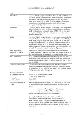 GUIDELINES FOR DRINKING-WATER QUALITY


TDIs
Chloroform                 15 mg/kg of body weight, derived from the lower 95% conﬁdence limit
                           for the 5% incidence of hepatic cysts, generated by PBPK modelling, in
                           beagle dogs that ingested chloroform in toothpaste for 7.5 years,
                           using an uncertainty factor of 25 (10 for intraspecies differences in
                           toxicokinetics and toxicodynamics and 2.5 for differences in
                           interspecies toxicodynamics)
Bromoform                  17.9 mg/kg of body weight, based on the absence of histopathological
                           lesions in the liver in a well conducted and well documented 90-day
                           study in rats, using an uncertainty factor of 1000 (100 for intra- and
                           interspecies variation and 10 for possible carcinogenicity and short
                           duration of exposure)
DBCM                       21.4 mg/kg of body weight, based on the absence of histopathological
                           effects in the liver in a well conducted and well documented 90-day
                           study in rats, using an uncertainty factor of 1000 (100 for intra- and
                           interspecies variation and 10 for the short duration of the study); an
                           additional uncertainty factor for potential carcinogenicity was not
                           applied because of the questions regarding mouse liver tumours from
                           corn oil vehicles and inconclusive evidence of genotoxicity
Basis of guideline         Application of the linearized multistage model for the observed
derivation for BDCM        increases in incidence of kidney tumours in male mice observed in an
                           NTP bioassay, as these tumours yield the most protective value
Limit of detection         0.1–0.2 mg/litre (method detection limits) by purge-and-trap and
                           liquid–liquid extraction and direct aqueous injection in combination
                           with a chromatographic system; 0.1 mg/litre by GC with ECD; 2.2 mg/
                           litre by GC/MS
Treatment achievability    Concentrations of chloroform, bromoform, BDCM and DBCM in
                           drinking-water are generally below 0.05 mg/litre. Concentrations can
                           be reduced by changes to disinfection practice (e.g., reducing organic
                           THM precursors) or using air stripping.
Guideline derivation
•  allocation to water     20% of TDI for bromoform and DBCM
                           75% of TDI for chloroform
•   weight                 60-kg adult
•   consumption            2 litres/day
Additional comments on     For authorities wishing to establish a total THM standard to account
THMs                       for additive toxicity, the following fractionation approach could be
                           taken:
                                         Cbromoform  C      C      C
                                                    + DBCM + BDCM + chloroform £ 1
                                         GVbromoform GVDBCM GVBDCM GVchloroform
                           where C = concentration and GV = guideline value.

                           It is emphasized that adequate disinfection should never be
                           compromised in attempting to meet guidelines for THMs.
                           Nevertheless, in view of the potential link between adverse
                           reproductive outcomes and THMs, particularly brominated THMs, it is
                           recommended that THM levels in drinking-water be kept as low as
                           practicable.




                                             452
 