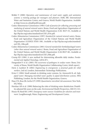 ANNEX 1. BIBLIOGRAPHY


Brikké F (2000) Operation and maintenance of rural water supply and sanitation
   systems: a training package for managers and planners. Delft, IRC International
   Water and Sanitation Centre; and Geneva, World Health Organization. Available
   at http://www.irc.nl/pdf/publ/ome.pdf.
Codex Alimentarius Commission (1985) Code of practice for collecting, processing and
   marketing of natural mineral waters. Rome, Food and Agriculture Organization of
   the United Nations and World Health Organization (CAC RCP 33). Available at
   ftp://ftp.fao.org/codex/standard/en/CXP_033e.pdf.
Codex Alimentarius Commission (1997) Standard for natural mineral waters. Rome,
   Food and Agriculture Organization of the United Nations and World Health
   Organization (CODEX STAN 108). Available at ftp://ftp.fao.org/codex/standard/
   en/CXS_108e.pdf.
Codex Alimentarius Commission (2001) General standard for bottled/packaged waters
   (other than natural mineral waters). Rome, Food and Agriculture Organization of
   the United Nations and World Health Organization (CAC/RCP 48). Available at
   ftp://ftp.fao.org/codex/standard/en/CXP_048e.pdf.
Crump KS (1984) A new method for determining allowable daily intakes. Funda-
   mental and Applied Toxicology, 4:854–871.
Dangendorf F et al. (2003) The occurrence of pathogens in surface water. Bonn, Uni-
   versity of Bonn, World Health Organization Collaborating Centre (draft report).
Davis J, Lambert R (2002) Engineering in emergencies: a practical guide for relief
   workers, 2nd ed. London, Intermediate Technology Publications.
Evins C (2004) Small animals in drinking water systems. In: Ainsworth R, ed. Safe,
   piped water: Managing microbial water quality in piped distribution systems. IWA
   Publishing, London, for the World Health Organization, Geneva.
Haas CN, Rose JB, Gerba CP (1999) Quantitative microbial risk assessment. New York,
   NY, Wiley.
Havelaar AH et al. (2000) Balancing the risks of drinking water disinfection: Disabil-
   ity adjusted life-years on the scale. Environmental Health Perspectives, 108:315–321.
House SF, Reed RA (1997) Emergency water sources: Guidelines for selection and treat-
   ment. Loughborough, Water, Engineering and Development Centre.




                                          463
 