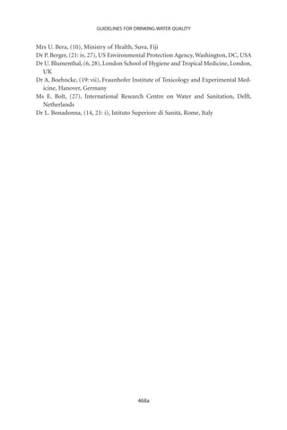 GUIDELINES FOR DRINKING-WATER QUALITY


Mrs U. Bera, (10), Ministry of Health, Suva, Fiji
Dr P. Berger, (21: iv, 27), US Environmental Protection Agency, Washington, DC, USA
Dr U. Blumenthal, (6, 28), London School of Hygiene and Tropical Medicine, London,
  UK
Dr A. Boehncke, (19: vii), Fraunhofer Institute of Toxicology and Experimental Med-
  icine, Hanover, Germany
Ms E. Bolt, (27), International Research Centre on Water and Sanitation, Delft,
  Netherlands
Dr L. Bonadonna, (14, 21: i), Istituto Superiore di Sanità, Rome, Italy




                                       468a
 