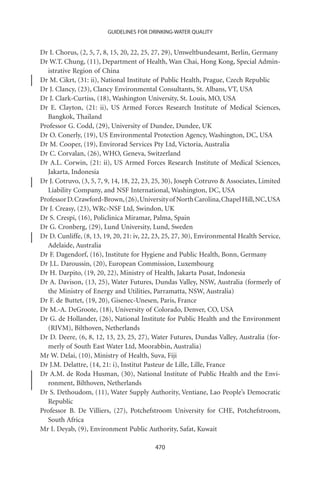 GUIDELINES FOR DRINKING-WATER QUALITY


Dr I. Chorus, (2, 5, 7, 8, 15, 20, 22, 25, 27, 29), Umweltbundesamt, Berlin, Germany
Dr W.T. Chung, (11), Department of Health, Wan Chai, Hong Kong, Special Admin-
  istrative Region of China
Dr M. Cikrt, (31: ii), National Institute of Public Health, Prague, Czech Republic
Dr J. Clancy, (23), Clancy Environmental Consultants, St. Albans, VT, USA
Dr J. Clark-Curtiss, (18), Washington University, St. Louis, MO, USA
Dr E. Clayton, (21: ii), US Armed Forces Research Institute of Medical Sciences,
  Bangkok, Thailand
Professor G. Codd, (29), University of Dundee, Dundee, UK
Dr O. Conerly, (19), US Environmental Protection Agency, Washington, DC, USA
Dr M. Cooper, (19), Envirorad Services Pty Ltd, Victoria, Australia
Dr C. Corvalan, (26), WHO, Geneva, Switzerland
Dr A.L. Corwin, (21: ii), US Armed Forces Research Institute of Medical Sciences,
  Jakarta, Indonesia
Dr J. Cotruvo, (3, 5, 7, 9, 14, 18, 22, 23, 25, 30), Joseph Cotruvo  Associates, Limited
  Liability Company, and NSF International, Washington, DC, USA
Professor D.Crawford-Brown,(26),University of North Carolina,Chapel Hill,NC,USA
Dr J. Creasy, (23), WRc-NSF Ltd, Swindon, UK
Dr S. Crespi, (16), Policlinica Miramar, Palma, Spain
Dr G. Cronberg, (29), Lund University, Lund, Sweden
Dr D. Cunliffe, (8, 13, 19, 20, 21: iv, 22, 23, 25, 27, 30), Environmental Health Service,
  Adelaide, Australia
Dr F. Dagendorf, (16), Institute for Hygiene and Public Health, Bonn, Germany
Dr J.L. Daroussin, (20), European Commission, Luxembourg
Dr H. Darpito, (19, 20, 22), Ministry of Health, Jakarta Pusat, Indonesia
Dr A. Davison, (13, 25), Water Futures, Dundas Valley, NSW, Australia (formerly of
  the Ministry of Energy and Utilities, Parramatta, NSW, Australia)
Dr F. de Buttet, (19, 20), Gisenec-Unesen, Paris, France
Dr M.-A. DeGroote, (18), University of Colorado, Denver, CO, USA
Dr G. de Hollander, (26), National Institute for Public Health and the Environment
  (RIVM), Bilthoven, Netherlands
Dr D. Deere, (6, 8, 12, 13, 23, 25, 27), Water Futures, Dundas Valley, Australia (for-
  merly of South East Water Ltd, Moorabbin, Australia)
Mr W. Delai, (10), Ministry of Health, Suva, Fiji
Dr J.M. Delattre, (14, 21: i), Institut Pasteur de Lille, Lille, France
Dr A.M. de Roda Husman, (30), National Institute of Public Health and the Envi-
  ronment, Bilthoven, Netherlands
Dr S. Dethoudom, (11), Water Supply Authority, Ventiane, Lao People’s Democratic
  Republic
Professor B. De Villiers, (27), Potchefstroom University for CHE, Potchefstroom,
  South Africa
Mr I. Deyab, (9), Environment Public Authority, Safat, Kuwait

                                           470
 