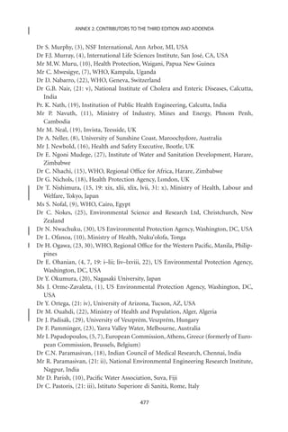 ANNEX 2. CONTRIBUTORS TO THE THIRD EDITION AND ADDENDA


Dr S. Murphy, (3), NSF International, Ann Arbor, MI, USA
Dr F.J. Murray, (4), International Life Sciences Institute, San José, CA, USA
Mr M.W. Muru, (10), Health Protection, Waigani, Papua New Guinea
Mr C. Mwesigye, (7), WHO, Kampala, Uganda
Dr D. Nabarro, (22), WHO, Geneva, Switzerland
Dr G.B. Nair, (21: v), National Institute of Cholera and Enteric Diseases, Calcutta,
   India
Pr. K. Nath, (19), Institution of Public Health Engineering, Calcutta, India
Mr P. Navuth, (11), Ministry of Industry, Mines and Energy, Phnom Penh,
   Cambodia
Mr M. Neal, (19), Invista, Teesside, UK
Dr A. Neller, (8), University of Sunshine Coast, Maroochydore, Australia
Mr J. Newbold, (16), Health and Safety Executive, Bootle, UK
Dr E. Ngoni Mudege, (27), Institute of Water and Sanitation Development, Harare,
   Zimbabwe
Dr C. Nhachi, (15), WHO, Regional Ofﬁce for Africa, Harare, Zimbabwe
Dr G. Nichols, (18), Health Protection Agency, London, UK
Dr T. Nishimura, (15, 19: xix, xlii, xlix, lvii, 31: x), Ministry of Health, Labour and
   Welfare, Tokyo, Japan
Ms S. Nofal, (9), WHO, Cairo, Egypt
Dr C. Nokes, (25), Environmental Science and Research Ltd, Christchurch, New
   Zealand
Dr N. Nwachuku, (30), US Environmental Protection Agency, Washington, DC, USA
Dr L. Ofanoa, (10), Ministry of Health, Nuku’olofa, Tonga
Dr H. Ogawa, (23, 30), WHO, Regional Ofﬁce for the Western Paciﬁc, Manila, Philip-
   pines
Dr E. Ohanian, (4, 7, 19: i–lii; liv–lxviii, 22), US Environmental Protection Agency,
   Washington, DC, USA
Dr Y. Okumura, (20), Nagasaki University, Japan
Ms J. Orme-Zavaleta, (1), US Environmental Protection Agency, Washington, DC,
   USA
Dr Y. Ortega, (21: iv), University of Arizona, Tucson, AZ, USA
Dr M. Ouahdi, (22), Ministry of Health and Population, Alger, Algeria
Dr J. Padisák, (29), University of Veszprém, Veszprém, Hungary
Dr F. Pamminger, (23), Yarra Valley Water, Melbourne, Australia
Mr I. Papadopoulos, (5, 7), European Commission, Athens, Greece (formerly of Euro-
   pean Commission, Brussels, Belgium)
Dr C.N. Paramasivan, (18), Indian Council of Medical Research, Chennai, India
Mr R. Paramasivan, (21: ii), National Environmental Engineering Research Institute,
   Nagpur, India
Mr D. Parish, (10), Paciﬁc Water Association, Suva, Fiji
Dr C. Pastoris, (21: iii), Istituto Superiore di Sanità, Rome, Italy

                                         477
 