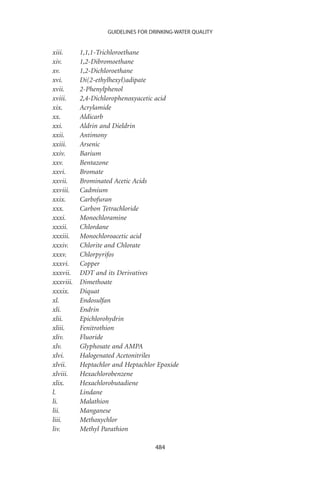 GUIDELINES FOR DRINKING-WATER QUALITY


xiii.      1,1,1-Trichloroethane
xiv.       1,2-Dibromoethane
xv.        1,2-Dichloroethane
xvi.       Di(2-ethylhexyl)adipate
xvii.      2-Phenylphenol
xviii.     2,4-Dichlorophenoxyacetic acid
xix.       Acrylamide
xx.        Aldicarb
xxi.       Aldrin and Dieldrin
xxii.      Antimony
xxiii.     Arsenic
xxiv.      Barium
xxv.       Bentazone
xxvi.      Bromate
xxvii.     Brominated Acetic Acids
xxviii.    Cadmium
xxix.      Carbofuran
xxx.       Carbon Tetrachloride
xxxi.      Monochloramine
xxxii.     Chlordane
xxxiii.    Monochloroacetic acid
xxxiv.     Chlorite and Chlorate
xxxv.      Chlorpyrifos
xxxvi.     Copper
xxxvii.    DDT and its Derivatives
xxxviii.   Dimethoate
xxxix.     Diquat
xl.        Endosulfan
xli.       Endrin
xlii.      Epichlorohydrin
xliii.     Fenitrothion
xliv.      Fluoride
xlv.       Glyphosate and AMPA
xlvi.      Halogenated Acetonitriles
xlvii.     Heptachlor and Heptachlor Epoxide
xlviii.    Hexachlorobenzene
xlix.      Hexachlorobutadiene
l.         Lindane
li.        Malathion
lii.       Manganese
liii.      Methoxychlor
liv.       Methyl Parathion

                                    484
 