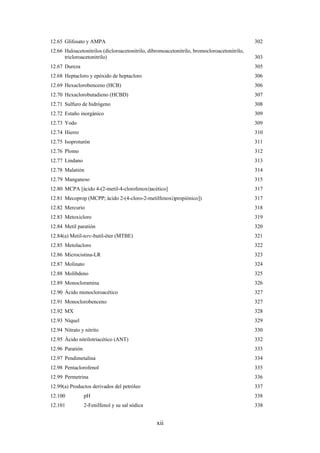 xii
12.65 Glifosato y AMPA 302
12.66 Haloacetonitrilos (dicloroacetonitrilo, dibromoacetonitrilo, bromocloroacetonitrilo,
tricloroacetonitrilo) 303
12.67 Dureza 305
12.68 Heptacloro y epóxido de heptacloro 306
12.69 Hexaclorobenceno (HCB) 306
12.70 Hexaclorobutadieno (HCBD) 307
12.71 Sulfuro de hidrógeno 308
12.72 Estaño inorgánico 309
12.73 Yodo 309
12.74 Hierro 310
12.75 Isoproturón 311
12.76 Plomo 312
12.77 Lindano 313
12.78 Malatión 314
12.79 Manganeso 315
12.80 MCPA [ácido 4-(2-metil-4-clorofenoxi)acético] 317
12.81 Mecoprop (MCPP; ácido 2-(4-cloro-2-metilfenoxi)propiónico]) 317
12.82 Mercurio 318
12.83 Metoxicloro 319
12.84 Metil paratión 320
12.84(a) Metil-terc-butil-éter (MTBE) 321
12.85 Metolacloro 322
12.86 Microcistina-LR 323
12.87 Molinato 324
12.88 Molibdeno 325
12.89 Monocloramina 326
12.90 Ácido monocloroacético 327
12.91 Monoclorobenceno 327
12.92 MX 328
12.93 Níquel 329
12.94 Nitrato y nitrito 330
12.95 Ácido nitrilotriacético (ANT) 332
12.96 Paratión 333
12.97 Pendimetalina 334
12.98 Pentaclorofenol 335
12.99 Permetrina 336
12.99(a) Productos derivados del petróleo 337
12.100 pH 338
12.101 2-Fenilfenol y su sal sódica 338
 