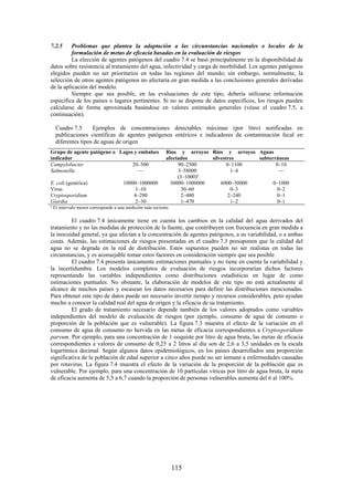 115
7.2.5 Problemas que plantea la adaptación a las circunstancias nacionales o locales de la
formulación de metas de eficacia basadas en la evaluación de riesgos
La elección de agentes patógenos del cuadro 7.4 se basó principalmente en la disponibilidad de
datos sobre resistencia al tratamiento del agua, infectividad y carga de morbilidad. Los agentes patógenos
elegidos pueden no ser prioritarios en todas las regiones del mundo; sin embargo, normalmente, la
selección de otros agentes patógenos no afectaría en gran medida a las conclusiones generales derivadas
de la aplicación del modelo.
Siempre que sea posible, en las evaluaciones de este tipo, debería utilizarse información
específica de los países o lugares pertinentes. Si no se dispone de datos específicos, los riesgos pueden
calcularse de forma aproximada basándose en valores estimados generales (véase el cuadro 7.5, a
continuación).
Cuadro 7.5 Ejemplos de concentraciones detectables máximas (por litro) notificadas en
publicaciones científicas de agentes patógenos entéricos e indicadores de contaminación fecal en
diferentes tipos de aguas de origen
Grupo de agente patógeno o
indicador
Lagos y embalses Ríos y arroyos
afectados
Ríos y arroyos
silvestres
Aguas
subterráneas
Campylobacter 20–500 90–2500 0–1100 0–10
Salmonella — 3–58000
(3–1000)a
1–4 —
E. coli (genérica) 10000–1000000 30000–1000000 6000–30000 0–1000
Virus 1–10 30–60 0–3 0–2
Cryptosporidium 4–290 2–480 2–240 0–1
Giardia 2–30 1–470 1–2 0–1
a
El intervalo menor corresponde a una medición más reciente.
El cuadro 7.4 únicamente tiene en cuenta los cambios en la calidad del agua derivados del
tratamiento y no las medidas de protección de la fuente, que contribuyen con frecuencia en gran medida a
la inocuidad general, ya que afectan a la concentración de agentes patógenos, a su variabilidad, o a ambas
cosas. Además, las estimaciones de riesgos presentadas en el cuadro 7.3 presuponen que la calidad del
agua no se degrada en la red de distribución. Estos supuestos pueden no ser realistas en todas las
circunstancias, y es aconsejable tomar estos factores en consideración siempre que sea posible.
El cuadro 7.4 presenta únicamente estimaciones puntuales y no tiene en cuenta la variabilidad y
la incertidumbre. Los modelos completos de evaluación de riesgos incorporarían dichos factores
representando las variables independientes como distribuciones estadísticas en lugar de como
estimaciones puntuales. No obstante, la elaboración de modelos de este tipo no está actualmente al
alcance de muchos países y escasean los datos necesarios para definir las distribuciones mencionadas.
Para obtener este tipo de datos puede ser necesario invertir tiempo y recursos considerables, pero ayudan
mucho a conocer la calidad real del agua de origen y la eficacia de su tratamiento.
El grado de tratamiento necesario depende también de los valores adoptados como variables
independientes del modelo de evaluación de riesgos (por ejemplo, consumo de agua de consumo o
proporción de la población que es vulnerable). La figura 7.3 muestra el efecto de la variación en el
consumo de agua de consumo no hervida en las metas de eficacia correspondientes a Cryptosporidium
parvum. Por ejemplo, para una concentración de 1 ooquiste por litro de agua bruta, las metas de eficacia
correspondientes a valores de consumo de 0,25 a 2 litros al día son de 2,6 a 3,5 unidades en la escala
logarítmica decimal. Según algunos datos epidemiológicos, en los países desarrollados una proporción
significativa de la población de edad superior a cinco años puede no ser inmune a enfermedades causadas
por rotavirus. La figura 7.4 muestra el efecto de la variación de la proporción de la población que es
vulnerable. Por ejemplo, para una concentración de 10 partículas víricas por litro de agua bruta, la meta
de eficacia aumenta de 5,5 a 6,7 cuando la proporción de personas vulnerables aumenta del 6 al 100%.
 