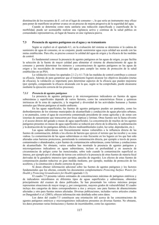 117
disminución de los recuentos de E. coli en el lugar de consumo—, lo que sería un instrumento muy eficaz
para poner de manifiesto un primer avance en un proceso de mejora progresiva de la seguridad del agua.
Cuando se determina como meta sanitaria una reducción especificada y cuantificada de la
morbilidad, puede ser aconsejable realizar una vigilancia activa y continua de la salud pública en
comunidades representativas, en lugar de basarse en una vigilancia pasiva.
7.3 Presencia de agentes patógenos en el agua y su tratamiento
Según se explicó en el apartado 4.1, en la evaluación del sistema se determina si la cadena de
suministro de agua de consumo, en su conjunto, puede suministrar agua cuya calidad sea acorde con las
metas establecidas. Para ello, es preciso conocer la calidad del agua de origen y la eficacia de las medidas
de control.
Es fundamental conocer la presencia de agentes patógenos en las aguas de origen, ya que facilita
la selección de la fuente de mayor calidad para alimentar el sistema de abastecimiento de agua de
consumo y permite determinar los números y concentraciones de agentes patógenos en las aguas de
origen y las necesidades de tratamiento del agua para cumplir las metas de protección de la salud
establecidas en un PSA.
La validación (véanse los apartados 2.1.2 y 4.1.7) de las medidas de control contribuye a conocer
su eficacia. Además de para garantizar que el tratamiento logrará alcanzar los objetivos deseados (metas
de eficacia), la validación es importante para determinar aspectos de la eficacia que pueden mejorarse
(por ejemplo, comparando la eficacia alcanzada con la que, según se ha comprobado, puede alcanzarse
mediante la ejecución correcta de los procesos).
7.3.1 Presencia de agentes patógenos
La presencia de agentes patógenos y de microorganismos indicadores en fuentes de aguas
subterráneas y superficiales depende de varios factores, como las características físicas y químicas
intrínsecas de la zona de captación, y la magnitud y diversidad de las actividades humanas y fuentes
animales que liberan patógenos al medio ambiente.
En las aguas superficiales, las fuentes de agentes patógenos pueden ser puntuales, como los
desbordamientos de los sistemas municipales de alcantarillado y conducción de aguas pluviales urbanas;
y no puntuales, como el agua de escorrentía contaminada procedente de zonas agrícolas y de zonas con
sistemas de saneamiento que transcurren por fosas sépticas y letrinas. Otras fuentes son la fauna silvestre
y el acceso directo del ganado a masas de agua superficiales. La concentración de muchos de los agentes
patógenos presentes en masas de agua superficiales se reducirá por efecto de la dilución, la sedimentación
y la destrucción de los patógenos debida a efectos medioambientales (calor, luz solar, depredación, etc.).
Las aguas subterráneas son frecuentemente menos vulnerables a la influencia directa de las
fuentes de contaminación, debido a los efectos de barrera que ejercen el terreno que las recubre y su zona
vadosa. La contaminación de las aguas subterráneas es más frecuente en los lugares en los que han sido
alteradas estas barreras protectoras, permitiendo la contaminación directa, por ejemplo a través de pozos
contaminados o abandonados, o por fuentes de contaminación subterráneas, como letrinas y conducciones
de alcantarillado. No obstante, varios estudios han mostrado la presencia de agentes patógenos y
microorganismos indicadores en aguas subterráneas, incluso en profundidad y en ausencia de
circunstancias de peligro como las mencionadas, sobre todo cuando la contaminación superficial es
intensa, por ejemplo por el abonado de tierras con estiércol o la presencia de otras fuentes de materia fecal
derivadas de la ganadería intensiva (por ejemplo, parcelas de engorde). Los efectos de estas fuentes de
contaminación pueden reducirse en gran medida mediante, por ejemplo, medidas de protección de los
acuíferos, y la construcción y diseño correctos de pozos.
Si desea obtener información adicional sobre las fuentes de agentes patógenos y los factores
fundamentales que los afectan, consulte los documentos complementario Protecting Surface Waters for
Health y Protecting Groundwaters for Health (apartado 1.3).
El cuadro 7.5 presenta valores estimados de concentraciones máximas de patógenos entéricos y
de indicadores microbianos en diferentes tipos de aguas superficiales y subterráneas, obtenidos
principalmente del examen de datos publicados. Se han presentado los valores máximos porque
representan situaciones de mayor riesgo y, por consiguiente, mayores grados de vulnerabilidad. El cuadro
incluye dos categorías de datos correspondientes a ríos y arroyos: uno para fuentes de abastecimiento
afectadas y otro para fuentes menos afectadas. Diversas publicaciones, incluidos varios artículos citados
en Dangendorf et al. (2003), ofrecen información más detallada sobre estos datos.
Los datos del cuadro 7.5 constituyen una orientación útil acerca de las concentraciones de
agentes patógenos entéricos y microorganismos indicadores presentes en diversas fuentes. No obstante,
los datos presentan varias limitaciones y fuentes de incertidumbre, como las siguientes:
 