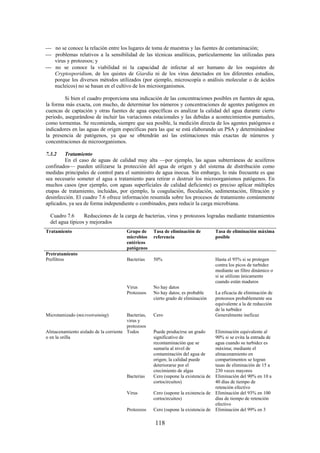 118
no se conoce la relación entre los lugares de toma de muestras y las fuentes de contaminación;
problemas relativos a la sensibilidad de las técnicas analíticas, particularmente las utilizadas para
virus y protozoos; y
no se conoce la viabilidad ni la capacidad de infectar al ser humano de los ooquistes de
Cryptosporidium, de los quistes de Giardia ni de los virus detectados en los diferentes estudios,
porque los diversos métodos utilizados (por ejemplo, microscopía o análisis molecular o de ácidos
nucleicos) no se basan en el cultivo de los microorganismos.
Si bien el cuadro proporciona una indicación de las concentraciones posibles en fuentes de agua,
la forma más exacta, con mucho, de determinar los números y concentraciones de agentes patógenos en
cuencas de captación y otras fuentes de agua específicas es analizar la calidad del agua durante cierto
periodo, asegurándose de incluir las variaciones estacionales y las debidas a acontecimientos puntuales,
como tormentas. Se recomienda, siempre que sea posible, la medición directa de los agentes patógenos e
indicadores en las aguas de origen específicas para las que se está elaborando un PSA y determinándose
la presencia de patógenos, ya que se obtendrán así las estimaciones más exactas de números y
concentraciones de microorganismos.
7.3.2 Tratamiento
En el caso de aguas de calidad muy alta —por ejemplo, las aguas subterráneas de acuíferos
confinados— pueden utilizarse la protección del agua de origen y del sistema de distribución como
medidas principales de control para el suministro de agua inocua. Sin embargo, lo más frecuente es que
sea necesario someter el agua a tratamiento para retirar o destruir los microorganismos patógenos. En
muchos casos (por ejemplo, con aguas superficiales de calidad deficiente) es preciso aplicar múltiples
etapas de tratamiento, incluidas, por ejemplo, la coagulación, floculación, sedimentación, filtración y
desinfección. El cuadro 7.6 ofrece información resumida sobre los procesos de tratamiento comúnmente
aplicados, ya sea de forma independiente o combinados, para reducir la carga microbiana.
Cuadro 7.6 Reducciones de la carga de bacterias, virus y protozoos logradas mediante tratamientos
del agua típicos y mejorados
Tratamiento Grupo de
microbios
entéricos
patógenos
Tasa de eliminación de
referencia
Tasa de eliminación máxima
posible
Pretratamiento
Prefiltros Bacterias 50% Hasta el 95% si se protegen
contra los picos de turbidez
mediante un filtro dinámico o
si se utilizan únicamente
cuando están maduros
Virus No hay datos
Protozoos No hay datos; es probable
cierto grado de eliminación
La eficacia de eliminación de
protozoos probablemente sea
equivalente a la de reducción
de la turbidez
Microtamizado (microstraining) Bacterias,
virus y
protozoos
Cero Generalmente ineficaz
Almacenamiento aislado de la corriente
o en la orilla
Todos Puede producirse un grado
significativo de
recontaminación que se
sumaría al nivel de
contaminación del agua de
origen; la calidad puede
deteriorarse por el
crecimiento de algas
Eliminación equivalente al
90% si se evita la entrada de
agua cuando su turbidez es
máxima; mediante el
almacenamiento en
compartimentos se logran
tasas de eliminación de 15 a
230 veces mayores
Bacterias Cero (supone la existencia de
cortocircuitos)
Eliminación del 90% en 10 a
40 días de tiempo de
retención efectivo
Virus Cero (supone la existencia de
cortocircuitos)
Eliminación del 93% en 100
días de tiempo de retención
efectivo
Protozoos Cero (supone la existencia de Eliminación del 99% en 3
 