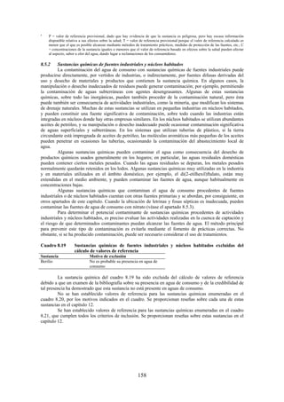 158
a
P = valor de referencia provisional, dado que hay evidencia de que la sustancia es peligrosa, pero hay escasa información
disponible relativa a sus efectos sobre la salud; T = valor de referencia provisional porque el valor de referencia calculado es
menor que el que es posible alcanzar mediante métodos de tratamiento prácticos, medidas de protección de las fuentes, etc.; C
= concentraciones de la sustancia iguales o menores que el valor de referencia basado en efectos sobre la salud pueden afectar
al aspecto, sabor u olor del agua, dando lugar a reclamaciones de los consumidores.
8.5.2 Sustancias químicas de fuentes industriales y núcleos habitados
La contaminación del agua de consumo con sustancias químicas de fuentes industriales puede
producirse directamente, por vertidos de industrias, o indirectamente, por fuentes difusas derivadas del
uso y desecho de materiales y productos que contienen la sustancia química. En algunos casos, la
manipulación o desecho inadecuados de residuos puede generar contaminación; por ejemplo, permitiendo
la contaminación de aguas subterráneas con agentes desengrasantes. Algunas de estas sustancias
químicas, sobre todo las inorgánicas, pueden también proceder de la contaminación natural, pero ésta
puede también ser consecuencia de actividades industriales, como la minería, que modifican los sistemas
de drenaje naturales. Muchas de estas sustancias se utilizan en pequeñas industrias en núcleos habitados,
y pueden constituir una fuente significativa de contaminación, sobre todo cuando las industrias están
integradas en núcleos donde hay otras empresas similares. En los núcleos habitados se utilizan abundantes
aceites de petróleo, y su manipulación o desecho inadecuado puede ocasionar contaminación significativa
de aguas superficiales y subterráneas. En los sistemas que utilizan tuberías de plástico, si la tierra
circundante está impregnada de aceites de petróleo, las moléculas aromáticas más pequeñas de los aceites
pueden penetrar en ocasiones las tuberías, ocasionando la contaminación del abastecimiento local de
agua.
Algunas sustancias químicas pueden contaminar el agua como consecuencia del desecho de
productos químicos usados generalmente en los hogares; en particular, las aguas residuales domésticas
pueden contener ciertos metales pesados. Cuando las aguas residuales se depuran, los metales pesados
normalmente quedarán retenidos en los lodos. Algunas sustancias químicas muy utilizadas en la industria
y en materiales utilizados en el ámbito doméstico, por ejemplo, el di(2-etilhexil)ftalato, están muy
extendidas en el medio ambiente, y pueden contaminar las fuentes de agua, aunque habitualmente en
concentraciones bajas.
Algunas sustancias químicas que contaminan el agua de consumo procedentes de fuentes
industriales o de núcleos habitados cuentan con otras fuentes primarias y se abordan, por consiguiente, en
otros apartados de este capítulo. Cuando la ubicación de letrinas y fosas sépticas es inadecuada, pueden
contaminar las fuentes de agua de consumo con nitrato (véase el apartado 8.5.3).
Para determinar el potencial contaminante de sustancias químicas procedentes de actividades
industriales y núcleos habitados, es preciso evaluar las actividades realizadas en la cuenca de captación y
el riesgo de que determinados contaminantes puedan alcanzar las fuentes de agua. El método principal
para prevenir este tipo de contaminación es evitarla mediante el fomento de prácticas correctas. No
obstante, si se ha producido contaminación, puede ser necesario considerar el uso de tratamientos.
Cuadro 8.19 Sustancias químicas de fuentes industriales y núcleos habitados excluidas del
cálculo de valores de referencia
Sustancia Motivo de exclusión
Berilio No es probable su presencia en agua de
consumo
La sustancia química del cuadro 8.19 ha sido excluida del cálculo de valores de referencia
debido a que un examen de la bibliografía sobre su presencia en agua de consumo y de la credibilidad de
tal presencia ha demostrado que esta sustancia no está presente en aguas de consumo.
No se han establecido valores de referencia para las sustancias químicas enumeradas en el
cuadro 8.20, por los motivos indicados en el cuadro. Se proporcionan reseñas sobre cada una de estas
sustancias en el capítulo 12.
Se han establecido valores de referencia para las sustancias químicas enumeradas en el cuadro
8.21, que cumplen todos los criterios de inclusión. Se proporcionan reseñas sobre estas sustancias en el
capítulo 12.
 
