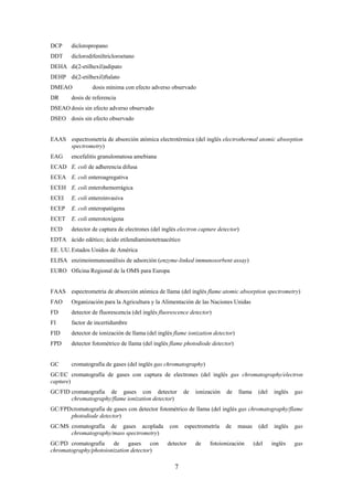 7
DCP dicloropropano
DDT diclorodifeniltricloroetano
DEHA di(2-etilhexil)adipato
DEHP di(2-etilhexil)ftalato
DMEAO dosis mínima con efecto adverso observado
DR dosis de referencia
DSEAO dosis sin efecto adverso observado
DSEO dosis sin efecto observado
EAAS espectrometría de absorción atómica electrotérmica (del inglés electrothermal atomic absorption
spectrometry)
EAG encefalitis granulomatosa amebiana
ECAD E. coli de adherencia difusa
ECEA E. coli enteroagregativa
ECEH E. coli enterohemorrágica
ECEI E. coli enteroinvasiva
ECEP E. coli enteropatógena
ECET E. coli enterotoxígena
ECD detector de captura de electrones (del inglés electron capture detector)
EDTA ácido edético; ácido etilendiaminotetraacético
EE. UU.Estados Unidos de América
ELISA enzimoinmunoanálisis de adsorción (enzyme-linked immunosorbent assay)
EURO Oficina Regional de la OMS para Europa
FAAS espectrometría de absorción atómica de llama (del inglés flame atomic absorption spectrometry)
FAO Organización para la Agricultura y la Alimentación de las Naciones Unidas
FD detector de fluorescencia (del inglés fluorescence detector)
FI factor de incertidumbre
FID detector de ionización de llama (del inglés flame ionization detector)
FPD detector fotométrico de llama (del inglés flame photodiode detector)
GC cromatografía de gases (del inglés gas chromatography)
GC/EC cromatografía de gases con captura de electrones (del inglés gas chromatography/electron
capture)
GC/FID cromatografía de gases con detector de ionización de llama (del inglés gas
chromatography/flame ionization detector)
GC/FPDcromatografía de gases con detector fotométrico de llama (del inglés gas chromatography/flame
photodiode detector)
GC/MS cromatografía de gases acoplada con espectrometría de masas (del inglés gas
chromatography/mass spectrometry)
GC/PD cromatografía de gases con detector de fotoionización (del inglés gas
chromatography/photoionization detector)
 