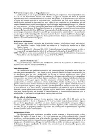 230
Relevancia de su presencia en el agua de consumo
Con frecuencia, se cita al agua como fuente de infección para las personas. En el altiplano boliviano,
el 13% de las metacercarias aisladas son flotantes. El agua de consumo sin tratar en regiones
hiperendémicas suele contener metacercarias flotantes; por ejemplo, en un pequeño arroyo que atraviesa
la región del altiplano boliviano se detectaron hasta 7 metacercarias por cada 500 ml. Existen pruebas
indirectas que sustentan la importancia del agua como vía de transmisión de la fascioliasis. Se han
establecido asociaciones positivas significativas entre la infección por trematodos hepáticos y la infección
por otros protozoos y helmintos transmitidos por el agua en países andinos y en Egipto. En muchas zonas
de América hiperendémicas de fascioliasis humana, no es costumbre consumir berros ni otras plantas
acuáticas. En la región del Delta del Nilo, el riesgo de infección de las personas que vivían en casas con
acceso a agua entubada era más alto. Es probable que las metacercarias sean resistentes a la desinfección
con cloro, pero probablemente puedan eliminarse mediante diversos procesos de filtración. Por ejemplo,
en Tiba (Egipto) la prevalencia en personas disminuyó drásticamente después de que se suministrara agua
filtrada a lavaderos con un diseño especial.
Referencias seleccionadas
Mas-Coma S, 2004: Human fascioliasis. En: Waterborne zoonoses: Identification, causes, and controls.
IWA Publishing, Londres (Reino Unido), en nombre de la Organización Mundial de la Salud,
Ginebra (Suiza).
Mas-Coma S, Esteban JG y Bargues MD, 1999: Epidemiología de la fascioliasis humana: revisión y
propuesta de nueva clasificación. Boletín de la Organización Mundial de la Salud, 77(4):340–346.
OMS, 1995: Lucha contra las trematodiasis de transmisión alimentaria. Ginebra (Suiza), Organización
Mundial de la Salud (Serie de Informes Técnicos de la OMS, n.º 849).
11.5 Cianobacterias tóxicas
Hay información más detallada sobre cianobacterias tóxicas en el documento de referencia Toxic
Cyanobacteria in Water (véase el apartado 1.3).
Descripción general
Las cianobacterias son bacterias fotosintéticas que comparten algunas propiedades con las algas: en
particular, que poseen clorofila a y que liberan oxígeno durante la fotosíntesis. Las primeras especies que
se descubrieron eran de color verdeazulado, por lo que se conocen comúnmente como «algas
verdeazuladas». No obstante, producen diversos pigmentos, de modo que muchas no son verdeazuladas,
sino de colores que van del verde azulado al pardo amarillento y al rojo. La mayoría de las cianobacterias
son fotótrofos aerobios, pero algunas presentan crecimiento heterótrofo. Pueden crecer como células
independientes, o formando filamentos o colonias multicelulares. Pueden clasificarse, hasta el nivel de
género, basándose en el análisis microscópico de su morfología. Algunas especies forman floraciones o
capas de verdín en la superficie del agua, mientras que otras permanecen suspendidas en la masa de agua
y otras proliferan en el fondo (bentos). Algunas cianobacterias son capaces de regular su flotabilidad
mediante vacuolas gaseosas intracelulares, y algunas especies pueden fijar el nitrógeno molecular disuelto
en el agua. La característica más destacada de las cianobacterias, en términos de su repercusión sobre la
salud pública, es que hay diversas especies que pueden producir toxinas.
Efectos sobre la salud humana
Muchas cianobacterias producen toxinas potentes (véase el cuadro 11.1). El asunto de las
cianotoxinas también se aborda en el apartado 8.5.6. Cada toxina tiene propiedades específicas, y algunos
de sus efectos perjudiciales específicos son daños hepáticos, neurotoxicidad y oncogenia. Algunos
síntomas agudos notificados tras la exposición son: trastornos digestivos, fiebre e irritaciones de la piel,
los oídos, los ojos, la garganta y el aparato respiratorio. Las cianobacterias no proliferan en el organismo
humano, de modo que no son infecciosas.
Fuentes y prevalencia
Las cianobacterias están ampliamente extendidas y están presentes en diversos tipos de medios,
incluidos los suelos, el agua de mar y, de forma destacada, en medios dulceacuícuolas. Algunas
condiciones medioambientales, como la luz solar, las temperaturas cálidas, la baja turbulencia y las altas
concentraciones de nutrientes, pueden favorecer su proliferación. Ésta puede ocasionar, en función de la
especie, una coloración verdosa del agua por la alta densidad de células suspendidas, o, en algunos casos,
la formación de capas superficiales de verdín. Estas acumulaciones de células pueden generar altas
concentraciones de toxinas.
 