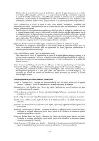 26
El desarrollo de redes de tuberías para la distribución a presión de agua de consumo a viviendas
individuales, edificios y grifos comunitarios es un componente importante que contribuye al progreso y
la salud de muchas comunidades. Esta publicación examina la introducción de contaminantes
microbianos y la proliferación de microorganismos en redes de distribución, así como las prácticas que
contribuyen a garantizar la inocuidad del agua de consumo en los sistemas de distribución por tuberías.
Toxic Cyanobacteria in Water: A Guide to their Public Health Consequences, Monitoring and
Management (en inglés; Cianobacterias tóxicas en el agua: una guía sobre sus consecuencias en la salud
pública, monitoreo y gestión)
Este libro describe los conocimientos actuales acerca del efecto sobre la salud de las cianobacterias por
el consumo de agua. Analiza aspectos relativos a la gestión de riesgos y describe la información que se
precisa para proteger las fuentes de aguas de consumo y aguas recreativas de los peligros para la salud
que ocasionan las cianobacterias y sus toxinas. Describe también los conocimientos actuales sobre los
aspectos principales del diseño de programas y estudios para el monitoreo de los recursos hídricos y el
abastecimiento de agua, y describe los métodos y procedimientos utilizados.
Upgrading Water Treatment Plants (en inglés; Mejoramiento de plantas de tratamiento de agua)
Este libro es una guía práctica para mejorar la eficacia de las plantas de tratamiento de agua. Será una
fuente de información inestimable para los responsables del diseño, operación, mantenimiento o
mejora de plantas de tratamiento de agua.
Water Safety Plans (en inglés; Planes de seguridad del agua)
Cabe esperar que la mejora de las estrategias de control de la calidad del agua, junto con mejoras en la
eliminación de excrementos y la higiene personal, mejoren substancialmente la salud de la población.
Este documento informa sobre estrategias mejoradas para el control y el monitoreo de la calidad del
agua de consumo.
Water Treatment and Pathogen Control: Process Efficiency in Achieving Safe Drinking-water (en inglés;
Tratamiento del agua y control de patógenos: eficacia de las operaciones de potabilización del agua)
Esta publicación comprende un análisis crítico de la bibliografía sobre eliminación e inactivación de
microorganismos patógenos en el agua, para ayudar a los especialistas en calidad del agua y a los
ingenieros que diseñan los sistemas de distribución a tomar decisiones que afectan a la calidad
microbiológica del agua.
Textos que están en proceso de redacción o de revisión:
Arsenic in Drinking-water: Assessing and Managing Health Risks (en inglés; Arsénico en el agua de
consumo: evaluación y gestión de los riesgos para la salud): en proceso de redacción
Desalination for Safe Drinking-water Supply (en inglés; Desalinización para el suministro de agua
potable): en proceso de redacción
Guide to Hygiene and Sanitation in Aviation (en inglés; Guía para la higiene y saneamiento de aviones):
en proceso de revisión
Guide to Ship Sanitation (en inglés; Guía para el saneamiento de embarcaciones): en proceso de revisión
Health Aspects of Plumbing (en inglés; Aspectos de la fontanería relativos a la salud): en proceso de
redacción
Legionella and the Prevention of Legionellosis (en inglés; Legionella y la prevención de la legionelosis):
en ultimación
Protecting Groundwaters for Health - Managing the Quality of Drinking-water Sources (en inglés;
Protección de las aguas subterráneas para la salud: gestión de la calidad de las fuentes de agua de
consumo): en proceso de redacción
Protecting Surface Waters for Health - Managing the Quality of Drinking-water Sources (en inglés;
Protección de las aguas superficiales para la salud: gestión de la calidad de las fuentes de agua de
consumo): en proceso de redacción
Rapid Assessment of Drinking-water Quality: A Handbook for Implementation (en inglés; Evaluación
rápida de la calidad del agua de consumo: manual de aplicación): en proceso de redacción
 