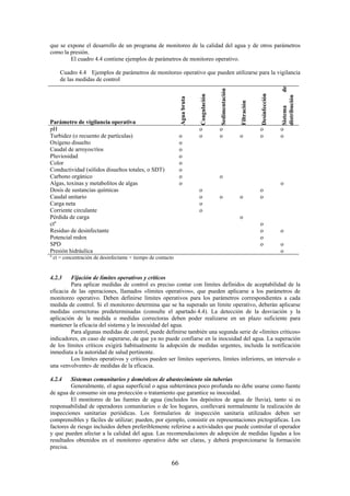 66
que se expone el desarrollo de un programa de monitoreo de la calidad del agua y de otros parámetros
como la presión.
El cuadro 4.4 contiene ejemplos de parámetros de monitoreo operativo.
Cuadro 4.4 Ejemplos de parámetros de monitoreo operativo que pueden utilizarse para la vigilancia
de las medidas de control
Parámetro de vigilancia operativa
Aguabruta
Coagulación
Sedimentación
Filtración
Desinfección
Sistemade
distribución
pH o o o o
Turbidez (o recuento de partículas) o o o o o o
Oxígeno disuelto o
Caudal de arroyos/ríos o
Pluviosidad o
Color o
Conductividad (sólidos disueltos totales, o SDT) o
Carbono orgánico o o
Algas, toxinas y metabolitos de algas o o
Dosis de sustancias químicas o o
Caudal unitario o o o o
Carga neta o
Corriente circulante o
Pérdida de carga o
cta
o
Residuo de desinfectante o o
Potencial redox o
SPD o o
Presión hidráulica o
a
ct = concentración de desinfectante × tiempo de contacto
4.2.3 Fijación de límites operativos y críticos
Para aplicar medidas de control es preciso contar con límites definidos de aceptabilidad de la
eficacia de las operaciones, llamados «límites operativos», que pueden aplicarse a los parámetros de
monitoreo operativo. Deben definirse límites operativos para los parámetros correspondientes a cada
medida de control. Si el monitoreo determina que se ha superado un límite operativo, deberán aplicarse
medidas correctoras predeterminadas (consulte el apartado 4.4). La detección de la desviación y la
aplicación de la medida o medidas correctoras deben poder realizarse en un plazo suficiente para
mantener la eficacia del sistema y la inocuidad del agua.
Para algunas medidas de control, puede definirse también una segunda serie de «límites críticos»
indicadores, en caso de superarse, de que ya no puede confiarse en la inocuidad del agua. La superación
de los límites críticos exigirá habitualmente la adopción de medidas urgentes, incluida la notificación
inmediata a la autoridad de salud pertinente.
Los límites operativos y críticos pueden ser límites superiores, límites inferiores, un intervalo o
una «envolvente» de medidas de la eficacia.
4.2.4 Sistemas comunitarios y domésticos de abastecimiento sin tuberías
Generalmente, el agua superficial o agua subterránea poco profunda no debe usarse como fuente
de agua de consumo sin una protección o tratamiento que garantice su inocuidad.
El monitoreo de las fuentes de agua (incluidos los depósitos de agua de lluvia), tanto si es
responsabilidad de operadores comunitarios o de los hogares, conllevará normalmente la realización de
inspecciones sanitarias periódicas. Los formularios de inspección sanitaria utilizados deben ser
comprensibles y fáciles de utilizar; pueden, por ejemplo, consistir en representaciones pictográficas. Los
factores de riesgo incluidos deben preferiblemente referirse a actividades que puede controlar el operador
y que pueden afectar a la calidad del agua. Las recomendaciones de adopción de medidas ligadas a los
resultados obtenidos en el monitoreo operativo debe ser claras, y deberá proporcionarse la formación
precisa.
 