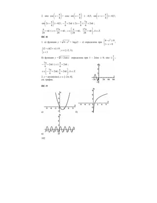 102
2. sinx cos ⎟
⎠
⎞
⎜
⎝
⎛ π
−
4
x + cosx sin ⎟
⎠
⎞
⎜
⎝
⎛ π
−
4
x ≥ –0,5; 5,0
4
sin −≥⎟
⎠
⎞
⎜
⎝
⎛ π
−+ xx ;
5,0
4
2sin −≥⎟
⎠
⎞
⎜
⎝
⎛ π
−x ; kxk π+
π
≤
π
−≤π+
π
− 2
6
7
4
22
6
;
kxk π+
π
≤≤π+
π
24
17
24
; ⎥
⎦
⎤
⎢
⎣
⎡
π+
π
π+
π
∈ kkx
24
17
;
24
, k ∈ Z.
ПС–8
1. а) функция y = 24 x− + log3(1 – x) определена при
⎩
⎨
⎧
>−
≥−
01
04 2
x
x
;
⎩
⎨
⎧
<
≥+−
1
0)2)(2(
x
xx
; x ∈ [–2; 1);
б) функция y = 4
sin21 x− определена при 1 – 2sinx ≥ 0; sinx ≤
2
1
;
kxk π+
π
≤≤π+
π
− 2
6
2
6
7
;
⎥
⎦
⎤
⎢
⎣
⎡
π+
π
π+
π
−∈ kkx 2
6
;2
6
7
, k ∈ Z.
2. y = arcsin(sinx); x ∈ [–2π; 0].
см. график.
ПС–9
а) б)
в)
 