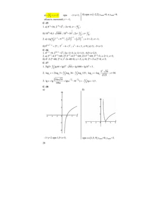 28
а) 2 2
3
y− < < при –1<x<1;
область значений y > –1;
б) при x∈[–2;2] yнаим=0, а yнаиб.=8.
C–15
1. а) 8–х
=16; 2–3х
=24
; –3x=4; x= 4
3
− ;
б) 102x
=0,1⋅ 1000 ; 102x
=
1
210 ; 2x= 1
2
; x= 1
4
.
2. a) 1 0,5
(tg ) 9
3
x− −π < ; ( ) ( )
1 2
3 3
x− −
< ; x–1<–2; x<–1;
б)
2
0,5 3
9 27x −
< ;
2
3
3 6 3x
− < ; 2
6 3x − < ; x<9; |x|<3; –3<x<3.
C–16
1. 4|x–1|
<8; 22|x–1|
<23
; 2|x–1|<3; |x–1|<1,5; –0,5<x<2,5.
2. а) 3x+1
–4⋅3x–2
=69; 27⋅3x–2
–4⋅3x–2
=69; 23⋅3x–2
=69; 3x–2
=3; x–2=1; x=3;
б) 4x
–3⋅2x
=40; 2x
=t; t2
–3t–40=0; t1=–5, t2=8; 2x
=–5 и 2x
=8; x=3.
C–17
1. 3lg5+ 3 31 lg64 lg(5 64) lg1000 lg10 3
2
= ⋅ = = = .
2. 7 7 7 7
1 1log 2log 5 log 36 log 125
2 3
x = + − ;
2
37 7
5 36
log log
125
x
⋅
= ; x=30.
3.
3 2 3
3 210 10 2lg lg lg( 10 ) lg 1,5
3100
a
x a a
a
− −
= = ⋅ = − − .
C–18
a) б)
–1<y<2 при 1,5<x<5; при x∈[1,5; 9] yнаим=0; yнаиб.=3.
 