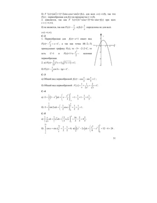 31
б) F '(x)=(sin2
x+1)'=2sinx⋅cosx=sin2x=f(x), для всех x∈(–∞;0), так что
F(x) – первообразная для f(x) на промежутке (–∞;0).
2. a)является, так как F '(x)=(3x2
+cosx+3)'=6x–sinx=f(x) при всех
x ∈ (–∞;∞);
б) не является, так как F(x)= 2
1
x
− и f(x)=
1
x
определены не для всех
x∈(–∞;∞).
С–2
1. Первообразная для f(x)=–х+1 имеет вид
F(x)=
2
2
x
x C− + + , а так как точка М(–2;–3)
принадлежит графику F(x), то –3= –2–2+С, то
есть С=1 и F(x)=1+x–
2
2
x
– искомая
первообразная.
2. a) F(x)= ( ) ( )
2
7 1 7 1 ;
21
x x C+ + +
б) F(x)=
1
cos3 tg
3
x x C− − + .
С–3
a) Общий вид первообразной: f(x)= cos sin
2 3
x x
C− − + ;
б) Общий вид первообразной: ( ) 2
1 1 2
.
2
F x C
x xx
= + + +
C–4
а) ( )
1
31
2
1
1
1 1 1
1 1 1 1
3 3 3 3
x
S x dx x
−
−
⎛ ⎞
= − = − = − + − =⎜ ⎟⎜ ⎟
⎝ ⎠
∫ ;
б)
2 2
0 0
1 1 1
sin 2 cos 1.
2 2 2
S xdx x
π π
⎛ ⎞
= = − = + =⎜ ⎟
⎝ ⎠
∫
C–5
а)
44 4
1 1 1
2 16 2 2
4 ;
3 3 3 3
x
dx xdx x x
x
⎛ ⎞
= = = − =⎜ ⎟
⎝ ⎠
∫ ∫
б)
5
56
6
6
6
1 1
cos sin 0;
2 2
x x
π
π
π
π
= = − =∫ в) ( )
2
82
7 2
0
0
2 32 4 28
8
x
x x dx x
⎛ ⎞
− = − = − =⎜ ⎟⎜ ⎟
⎝ ⎠
∫ .
y
 