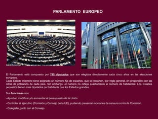 PARLAMENTO EUROPEO

Sede de Estrasburgo
Sede de Bruselas

El Parlamento está compuesto por 785 diputados que son elegidos directamente cada cinco años en las elecciones
europeas.
Cada Estado miembro tiene asignado un número fijo de escaños, que se reparten, por regla general, en proporción con las
cifras de población de cada país. Sin embargo, el número no refleja exactamente el número de habitantes: Los Estados
pequeños tienen más diputados por habitante que los Estados grandes.
Sus funciones son:
- Aprobar, modificar y/o enmendar el presupuesto de la Unión.
- Controlar al ejecutivo (Comisión y Consejo de la UE), pudiendo presentar mociones de censura contra la Comisión.
- Colegislar, junto con el Consejo.

 