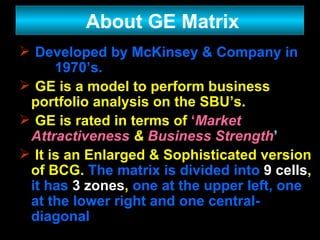 Developed by McKinsey & Company in  1970’s. GE is a model to perform business portfolio analysis on the SBU’s. GE is rated in terms of  ‘ Market Attractiveness   &   Business Strength ’ It is an Enlarged & Sophisticated version of BCG.  The matrix is divided into   9   cells ,  it has   3 zones ,  one at the upper left, one at the lower right and one central-diagonal About GE Matrix 
