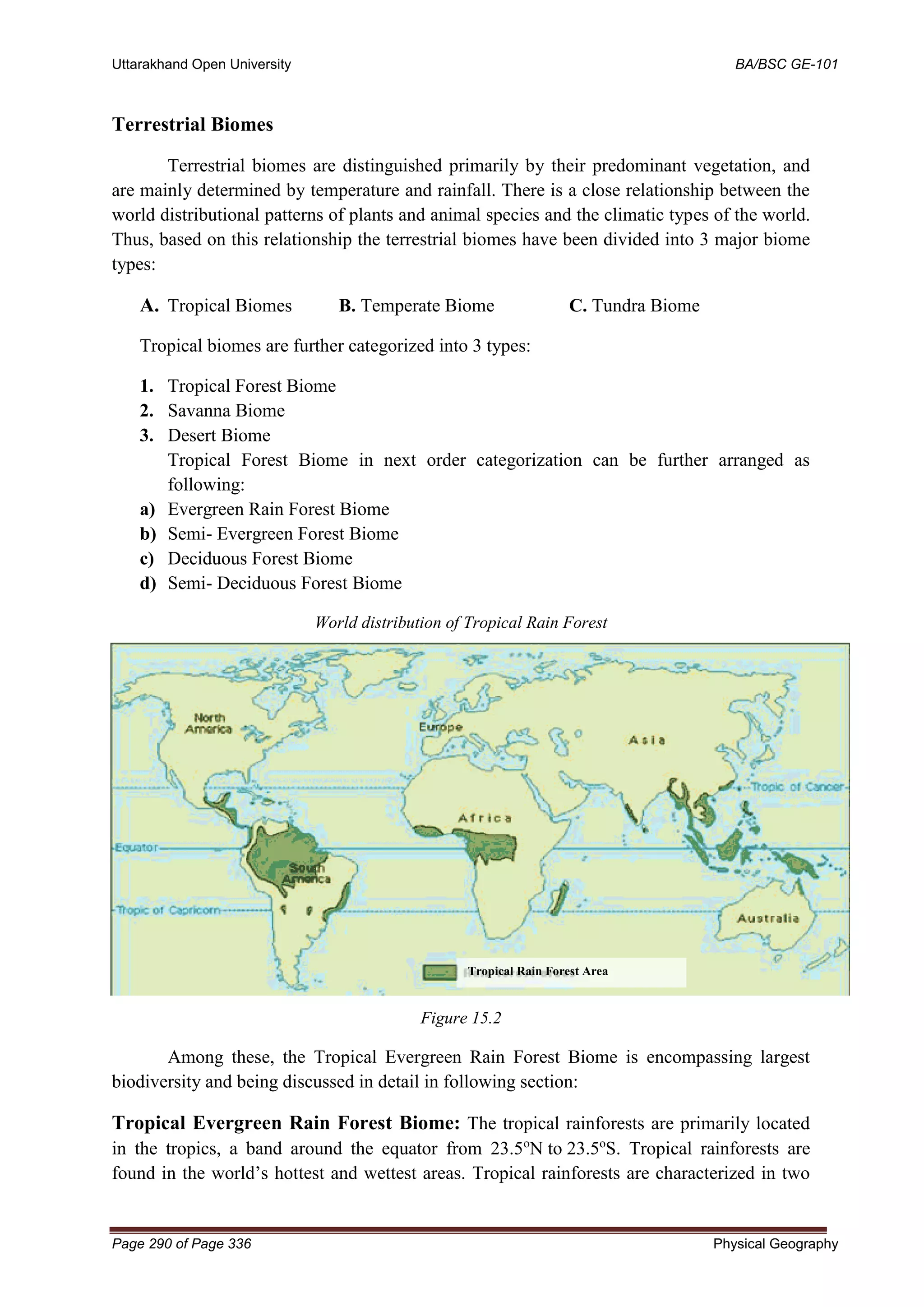 Uttarakhand Open University BA/BSC GE-101
Page 290 of Page 336 Physical Geography
Terrestrial Biomes
Terrestrial biomes are distinguished primarily by their predominant vegetation, and
are mainly determined by temperature and rainfall. There is a close relationship between the
world distributional patterns of plants and animal species and the climatic types of the world.
Thus, based on this relationship the terrestrial biomes have been divided into 3 major biome
types:
A. Tropical Biomes B. Temperate Biome C. Tundra Biome
Tropical biomes are further categorized into 3 types:
1. Tropical Forest Biome
2. Savanna Biome
3. Desert Biome
Tropical Forest Biome in next order categorization can be further arranged as
following:
a) Evergreen Rain Forest Biome
b) Semi- Evergreen Forest Biome
c) Deciduous Forest Biome
d) Semi- Deciduous Forest Biome
World distribution of Tropical Rain Forest
Figure 15.2
Among these, the Tropical Evergreen Rain Forest Biome is encompassing largest
biodiversity and being discussed in detail in following section:
Tropical Evergreen Rain Forest Biome: The tropical rainforests are primarily located
in the tropics, a band around the equator from 23.5o
N to 23.5o
S. Tropical rainforests are
found in the world’s hottest and wettest areas. Tropical rainforests are characterized in two
Tropical Rain Forest Area
 