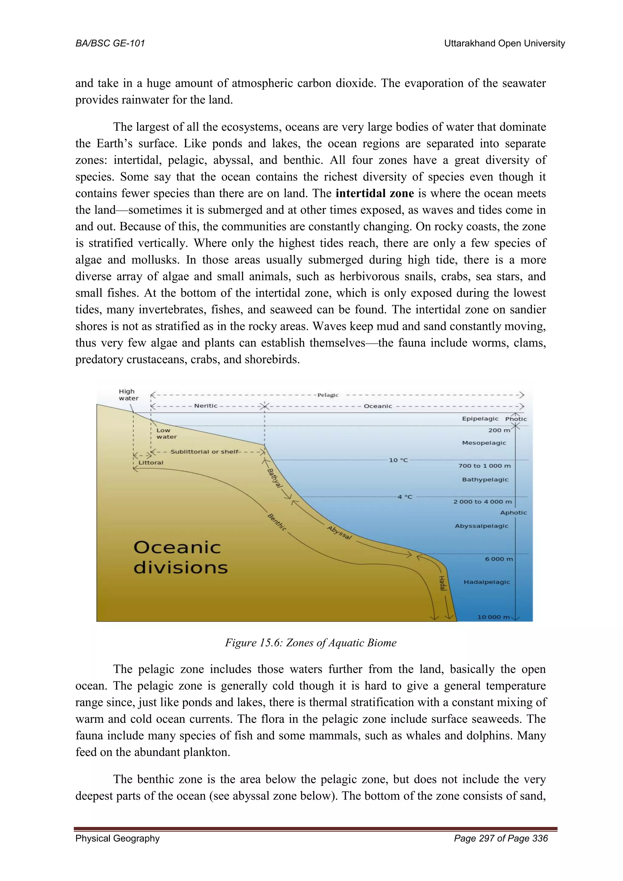 BA/BSC GE-101 Uttarakhand Open University
Physical Geography Page 297 of Page 336
and take in a huge amount of atmospheric carbon dioxide. The evaporation of the seawater
provides rainwater for the land.
The largest of all the ecosystems, oceans are very large bodies of water that dominate
the Earth’s surface. Like ponds and lakes, the ocean regions are separated into separate
zones: intertidal, pelagic, abyssal, and benthic. All four zones have a great diversity of
species. Some say that the ocean contains the richest diversity of species even though it
contains fewer species than there are on land. The intertidal zone is where the ocean meets
the land—sometimes it is submerged and at other times exposed, as waves and tides come in
and out. Because of this, the communities are constantly changing. On rocky coasts, the zone
is stratified vertically. Where only the highest tides reach, there are only a few species of
algae and mollusks. In those areas usually submerged during high tide, there is a more
diverse array of algae and small animals, such as herbivorous snails, crabs, sea stars, and
small fishes. At the bottom of the intertidal zone, which is only exposed during the lowest
tides, many invertebrates, fishes, and seaweed can be found. The intertidal zone on sandier
shores is not as stratified as in the rocky areas. Waves keep mud and sand constantly moving,
thus very few algae and plants can establish themselves—the fauna include worms, clams,
predatory crustaceans, crabs, and shorebirds.
Figure 15.6: Zones of Aquatic Biome
The pelagic zone includes those waters further from the land, basically the open
ocean. The pelagic zone is generally cold though it is hard to give a general temperature
range since, just like ponds and lakes, there is thermal stratification with a constant mixing of
warm and cold ocean currents. The flora in the pelagic zone include surface seaweeds. The
fauna include many species of fish and some mammals, such as whales and dolphins. Many
feed on the abundant plankton.
The benthic zone is the area below the pelagic zone, but does not include the very
deepest parts of the ocean (see abyssal zone below). The bottom of the zone consists of sand,
 