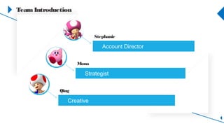 TeamIntroduction
Account Director
Stephanie
Strategist
Mona
Creative
Qing
 