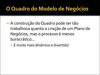 

A construção do Quadro pode ser tão
trabalhosa quanto a criação de um Plano de
Negócios, mas o processo é menos
burocrático...
 E muito mais dinâmico e divertido!

 