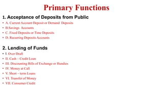 Primary Functions
1. Acceptance of Deposits from Public
• A. Current Account Deposit or Demand Deposits
• B.Savings Accounts
• C. Fixed Deposits or Time Deposits
• D. Recurring Deposits Accounts
2. Lending of Funds
• I. Over Draft
• II. Cash – Credit Loan
• III. Discounting Bills of Exchange or Hundies
• IV. Money at Call
• V. Short – term Loans
• VI. Transfer of Money
• VII. Consumer Credit
 