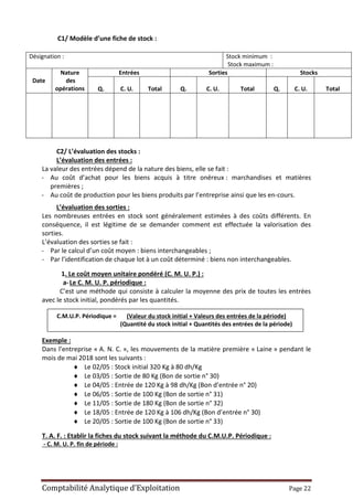 Comptabilité Analytique d’Exploitation Page 22
C1/ Modèle d’une fiche de stock :
Désignation : Stock minimum :
Stock maximum :
Date
Nature
des
opérations
Entrées Sorties Stocks
Q. C. U. Total Q. C. U. Total Q. C. U. Total
C2/ L’évaluation des stocks :
L’évaluation des entrées :
La valeur des entrées dépend de la nature des biens, elle se fait :
- Au coût d’achat pour les biens acquis à titre onéreux : marchandises et matières
premières ;
- Au coût de production pour les biens produits par l’entreprise ainsi que les en-cours.
L’évaluation des sorties :
Les nombreuses entrées en stock sont généralement estimées à des coûts différents. En
conséquence, il est légitime de se demander comment est effectuée la valorisation des
sorties.
L’évaluation des sorties se fait :
- Par le calcul d’un coût moyen : biens interchangeables ;
- Par l’identification de chaque lot à un coût déterminé : biens non interchangeables.
1. Le coût moyen unitaire pondéré (C. M. U. P.) :
a-Le C. M. U. P. périodique :
C’est une méthode qui consiste à calculer la moyenne des prix de toutes les entrées
avec le stock initial, pondérés par les quantités.
C.M.U.P. Périodique = (Valeur du stock initial + Valeurs des entrées de la période)
(Quantité du stock initial + Quantités des entrées de la période)
Exemple :
Dans l’entreprise « A. N. C. », les mouvements de la matière première « Laine » pendant le
mois de mai 2018 sont les suivants :
 Le 02/05 : Stock initial 320 Kg à 80 dh/Kg
 Le 03/05 : Sortie de 80 Kg (Bon de sortie n° 30)
 Le 04/05 : Entrée de 120 Kg à 98 dh/Kg (Bon d’entrée n° 20)
 Le 06/05 : Sortie de 100 Kg (Bon de sortie n° 31)
 Le 11/05 : Sortie de 180 Kg (Bon de sortie n° 32)
 Le 18/05 : Entrée de 120 Kg à 106 dh/Kg (Bon d’entrée n° 30)
 Le 20/05 : Sortie de 100 Kg (Bon de sortie n° 33)
T. A. F. : Etablir la fiches du stock suivant la méthode du C.M.U.P. Périodique :
- C. M. U. P. fin de période :
 