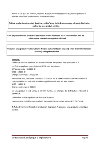 Comptabilité Analytique d’Exploitation Page 44
* Dans le cas où il est réutilisé, la valeur du sous-produit est déduite du produit principal et
ajoutée au coût de production du produit utilisateur.
Coût de production du produit d’origine = coût d’achat de M. P. consommée + frais de fabrication
- valeur du sous-produit réutilisé
Coût de production du produit de destination = coût d’achat de M. P. consommée + frais de
fabrication + valeur du sous-produit réutilisé
Valeur de sous-produit = valeur vénale - frais de traitement (s’ils existent) - frais de distribution (s’ils
existent) - marge bénéficiaire
Exemple :
La fabrication d’un produit « A » donne en même temps deux sous-produits L et S.
Les frais engagés au cours de janvier 2018 sont les suivants :
MP consommée : 350 000 DH
MOD : 50 000 DH
Charges indirectes : 120 000 DH
Pendant ce mois, la société a obtenu 4 000 unités de A, 2 000 unités de L et 500 unités de S.
Le sous-produit L a subi un traitement supplémentaire avec les frais suivants :
MOD : 15 000 DH
Charges indirectes : 8 000 DH
Le sous-produit L est vendu à 30 DH l’unité, les charges de distribution s’élèvent à
12 000 DH.
Le bénéfice réalisé représente 4 % du prix de vente.
L’entreprise a évalué le sous-produit S à son coût d’achat qui est estimé à 25 DH l’unité.
T. A. F. : Déterminer le coût de production du produit A. Les deux sous-produits ne sont pas
stockés.
 